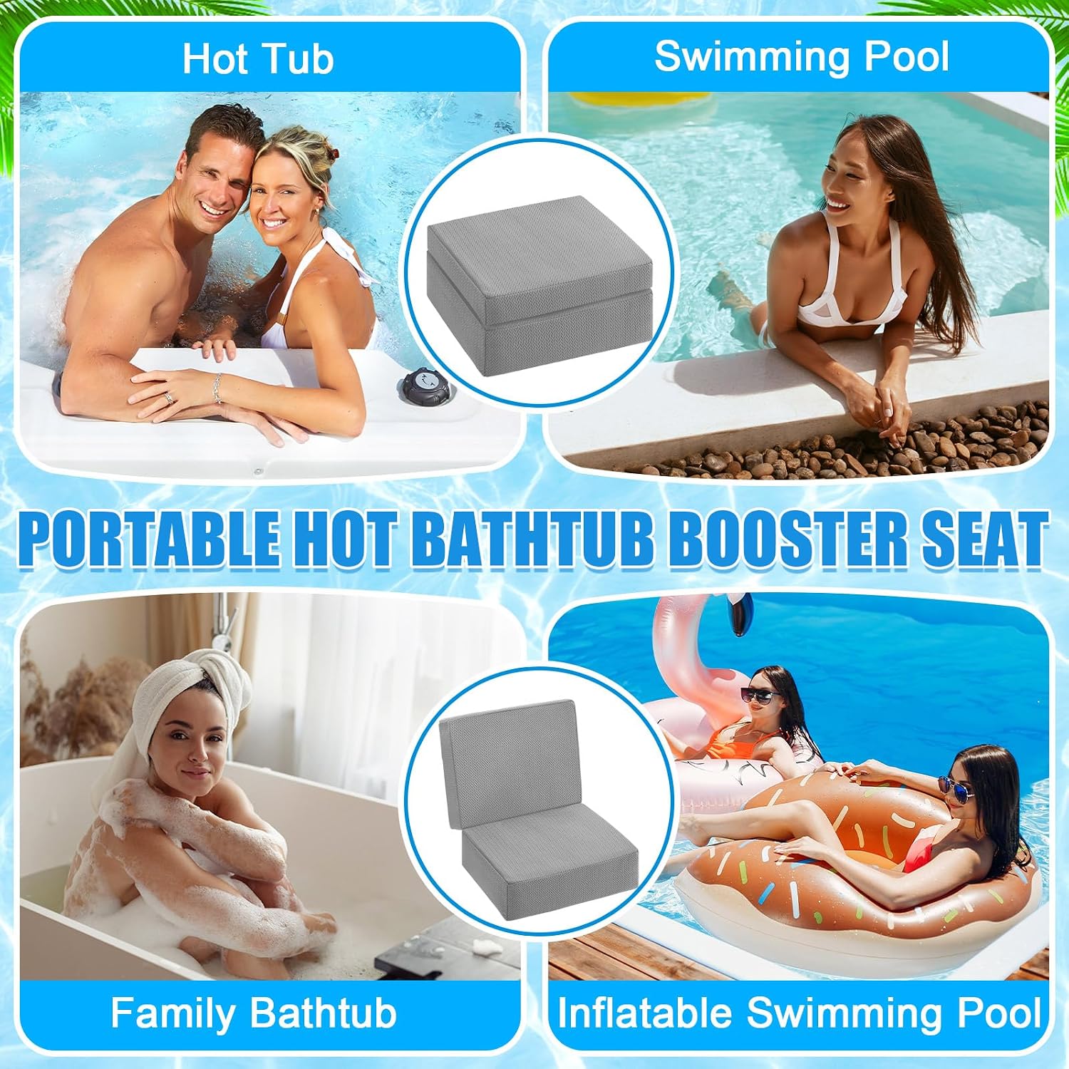 4 Pcs Foldable Hot Tub Booster Seat with Back Thick Hot Tub Pillow Adjustable 2 Heights Bath Seat Weighted Bathtub Booster Cushion Washable Spa Cushion for Indoor or Outdoor (Gray)