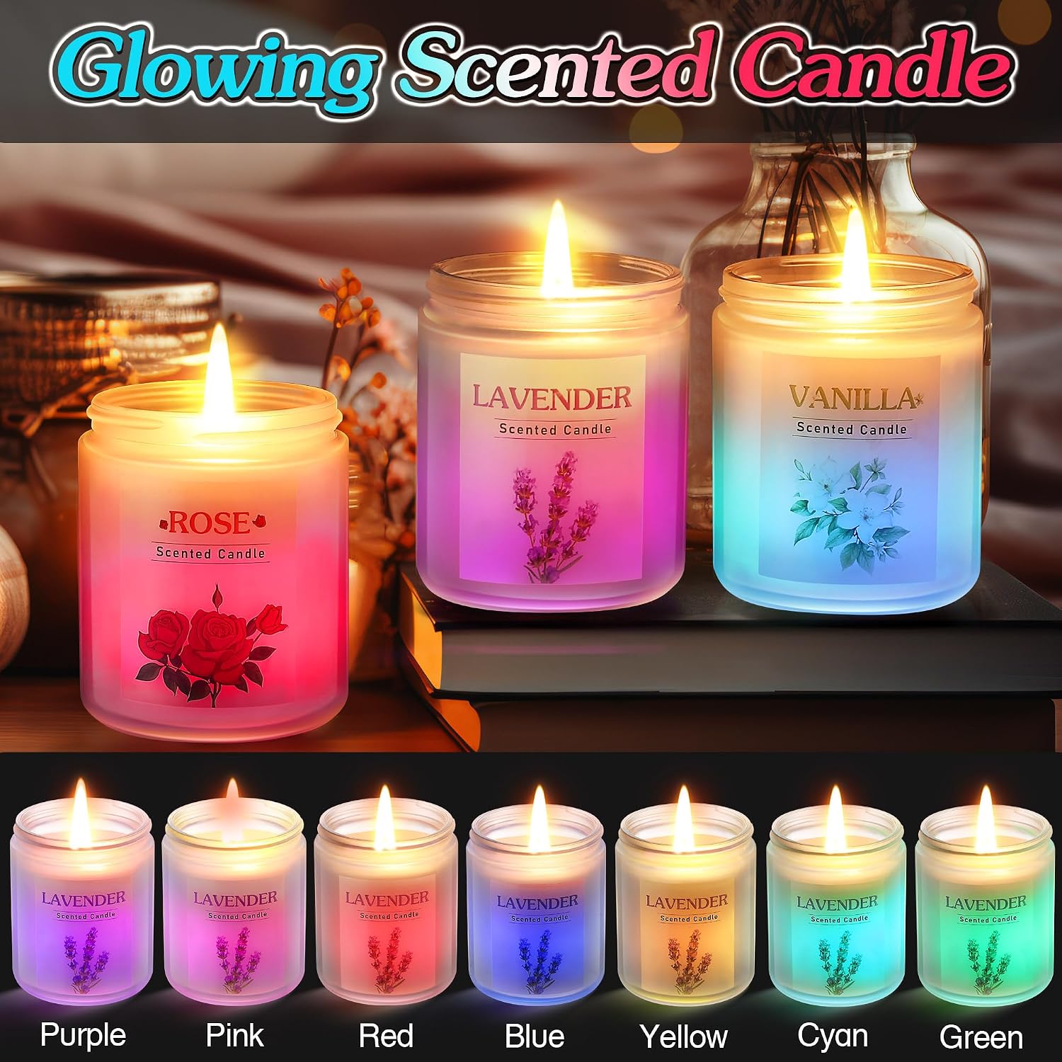 3 Pack Glowing Scented Candles with Sensor Light, 21 Oz Aromatherapy Gifts for Women, Rose Vanilla Lavender Long Lasting Fragrance, Natural Soy Candle for Home Scented