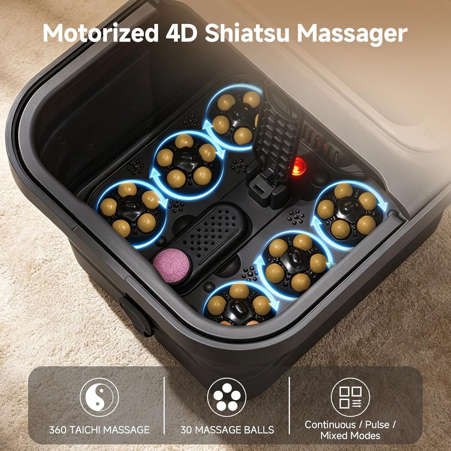 AAOBOSI Collapsible Foot Bath with Heat, Foot Massager Spa Soaking Tub with Bubble, Remote Control, Temp Control, and 30 Motorized Shiatsu Massage Balls, Pedicure Spa at Home for Stress Relief (Grey)