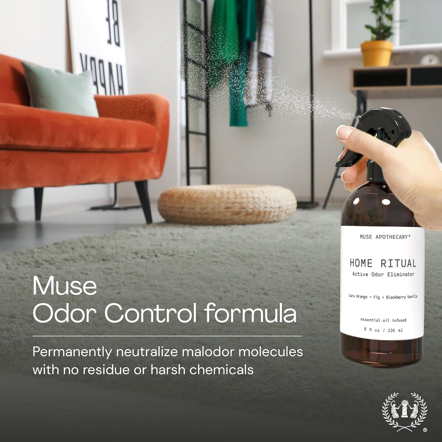 Muse Apothecary Home Ritual Active Odor Eliminator Spray - Furniture Deodorizer Spray & Bathroom Odor Eliminator for Home - Essential Oil Air Freshener - 4oz, Bergamot + French Lavender + Sandalwood