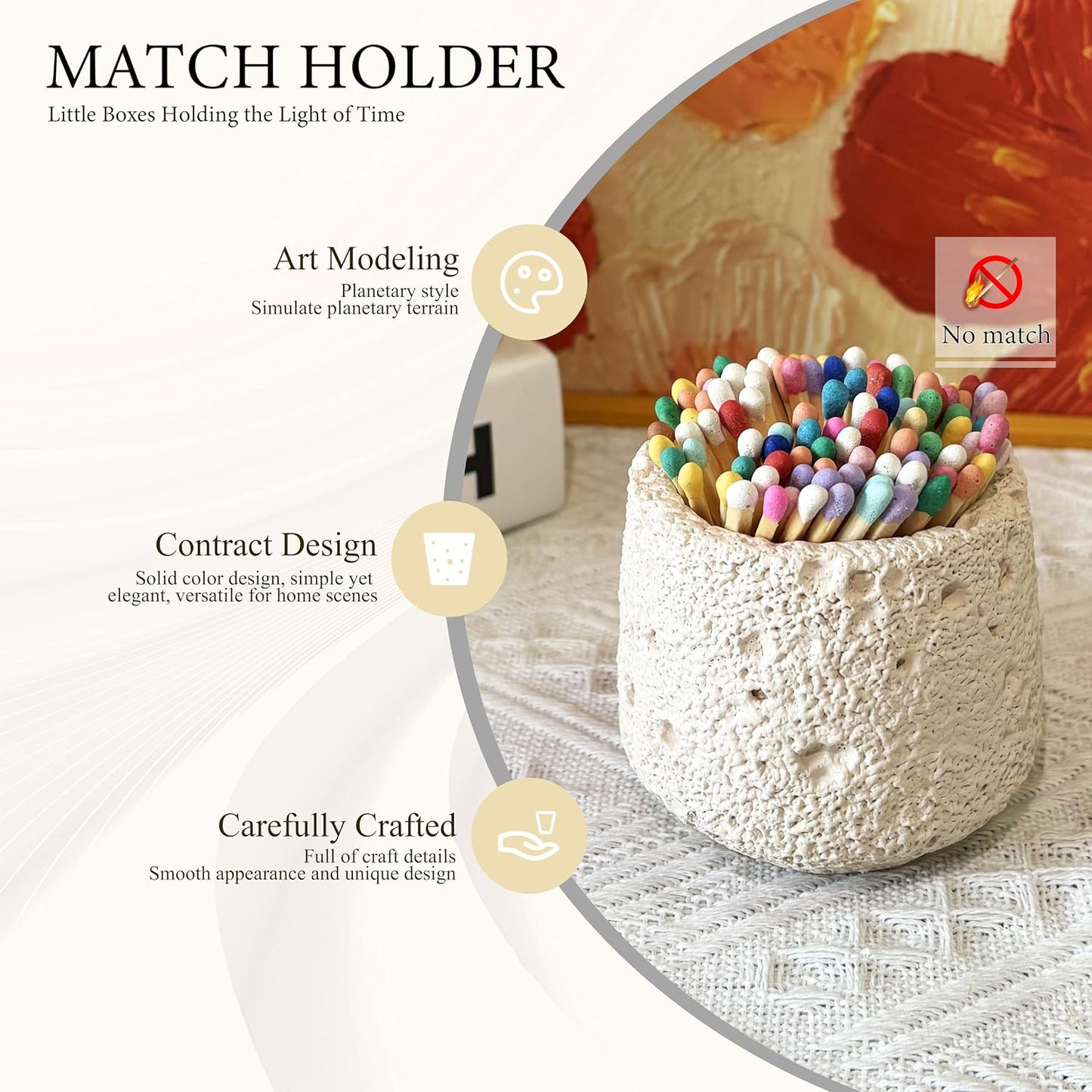 Concrete Match Holder with Strike, Matches in a jar for Bathroom Candle and Candle Match Jar for Fireplace BBQ Grill Matches, Decorative Modern Home Decor Gifts for Girls - No Matchsticks