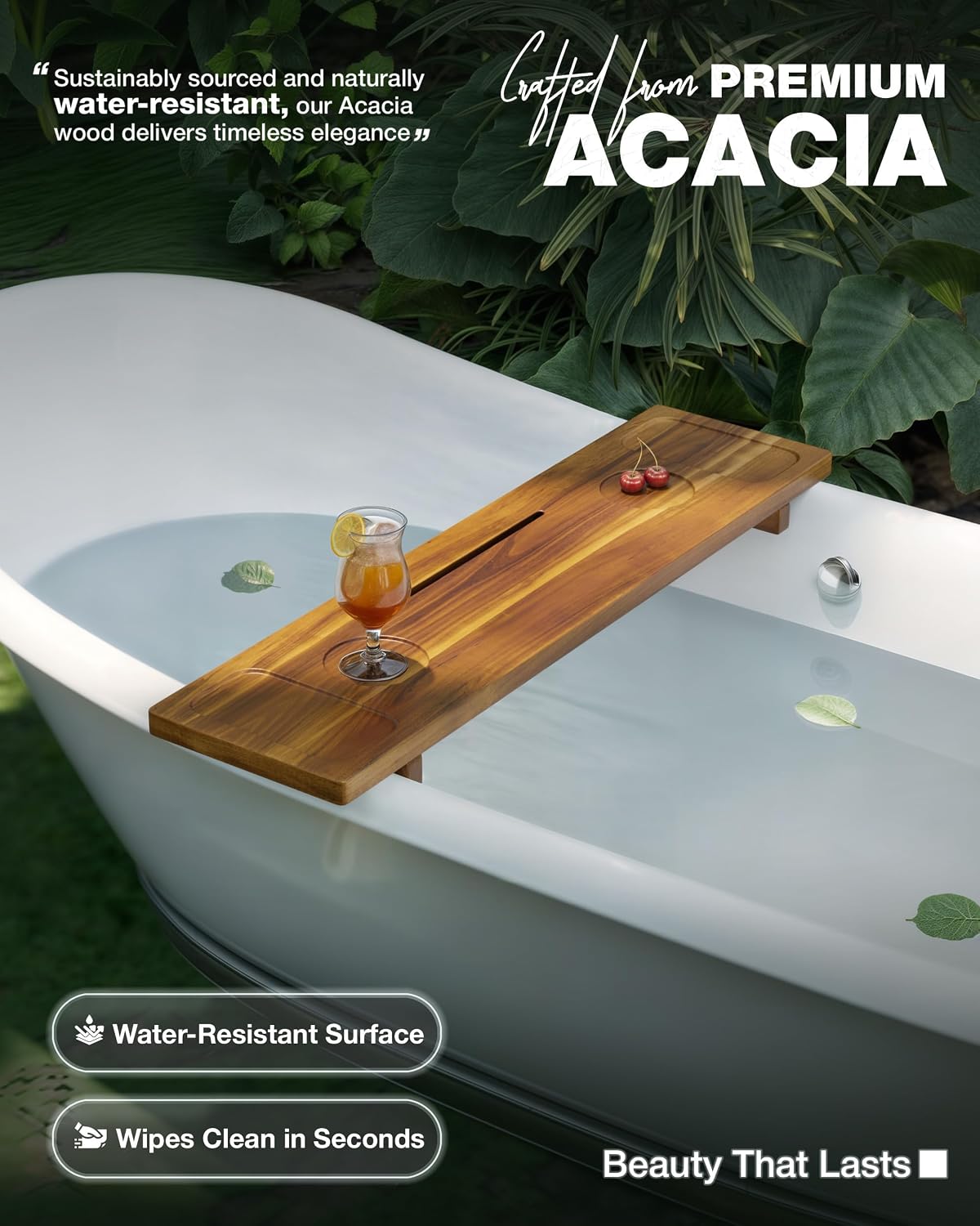 Bathtub Tray, Acacia Bath Tray for Tub, 34.6''x9'' Wooden Bathtub Caddy Tray with Adjustable Legs Fit Various Bathtubs, Anti-Tipping, Sustainable Bath Table with Wine Glass and Tablet Holder