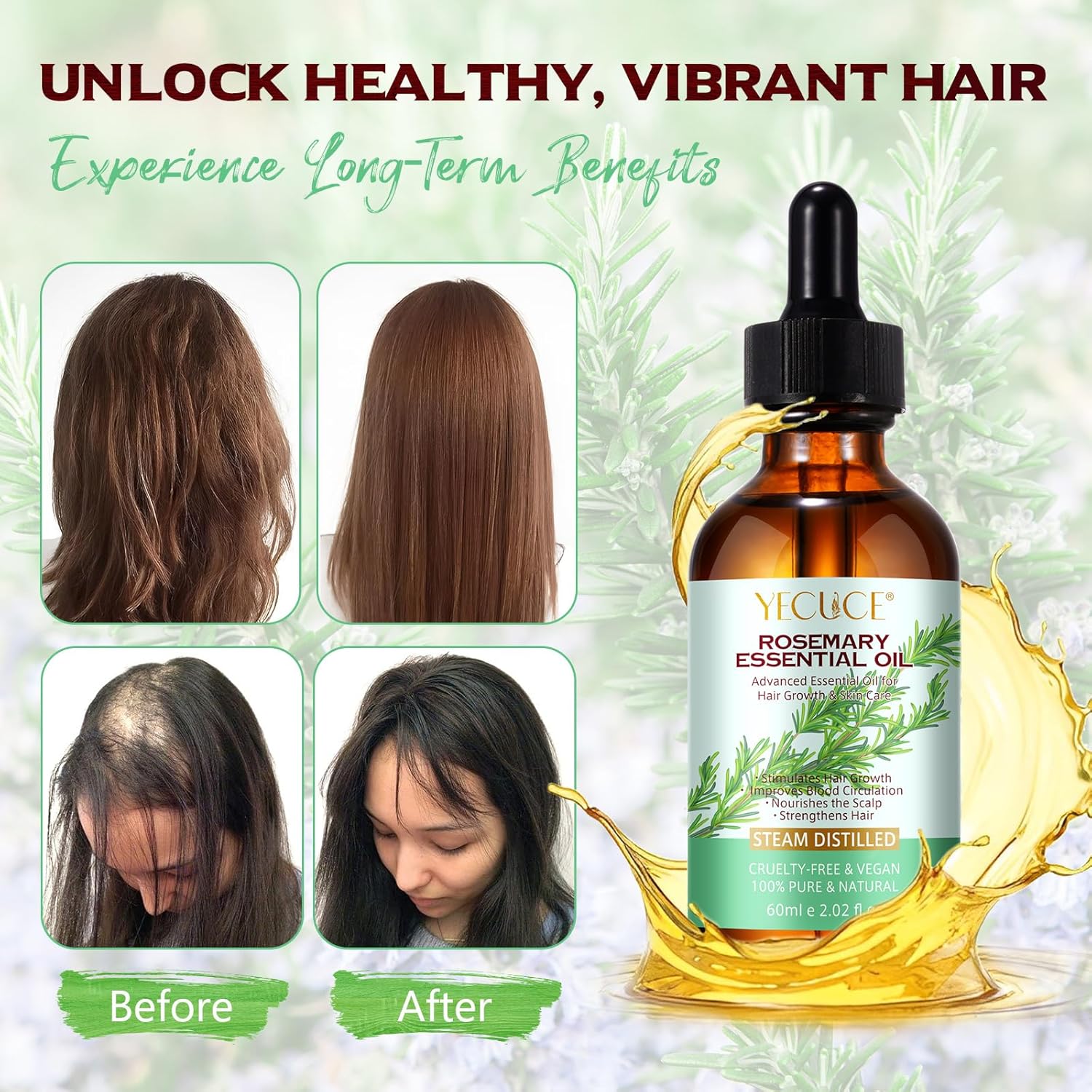 Rosemary Oil, 2.02 Fl Oz Pure Rosemary Essential Oil with with Glass Dropper - Undiluted Rosemary Massage Oil for Hair Growth Skin Care and Nails and Refreshing Aromatherapy Oil for Diffusers