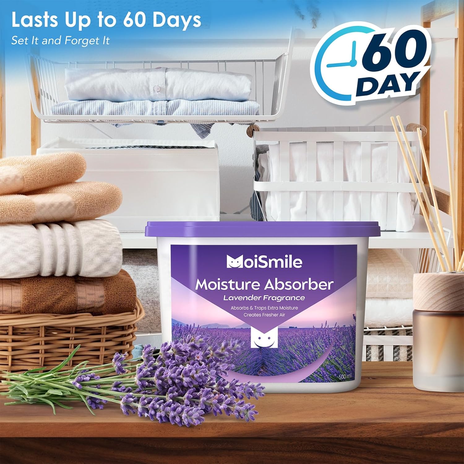 Moisture Absorbers, Fast Acting Lavender Scent Humidity Absorber & Odor Eliminator for Closet, Bathroom, Basement, Car & RV, 3 Pack