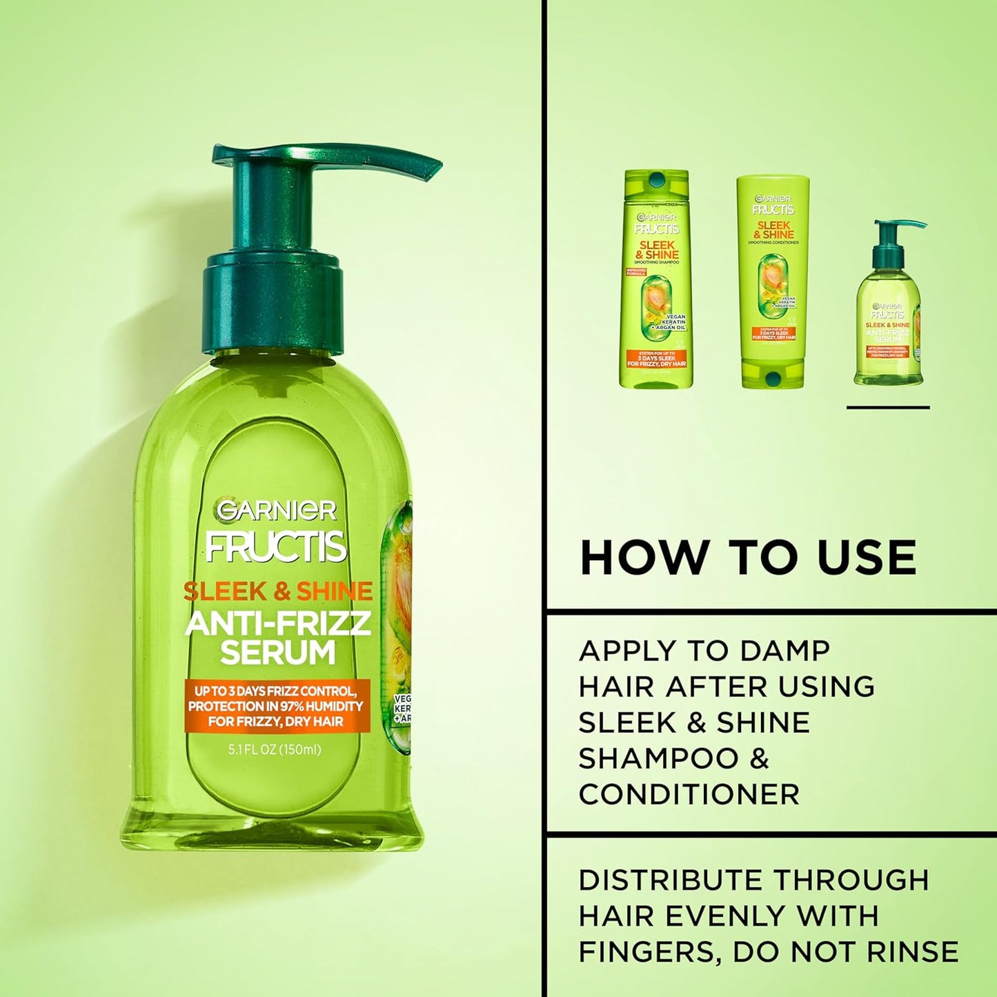 Garnier Fructis Sleek & Shine Anti-Frizz Serum, Leave-In Hair Treatment with Vegan Kera System + Argan Oil, Up to 72HR Frizz Control and Humidity Protection, For Frizzy, Dry Hair, 5.1 Fl Oz