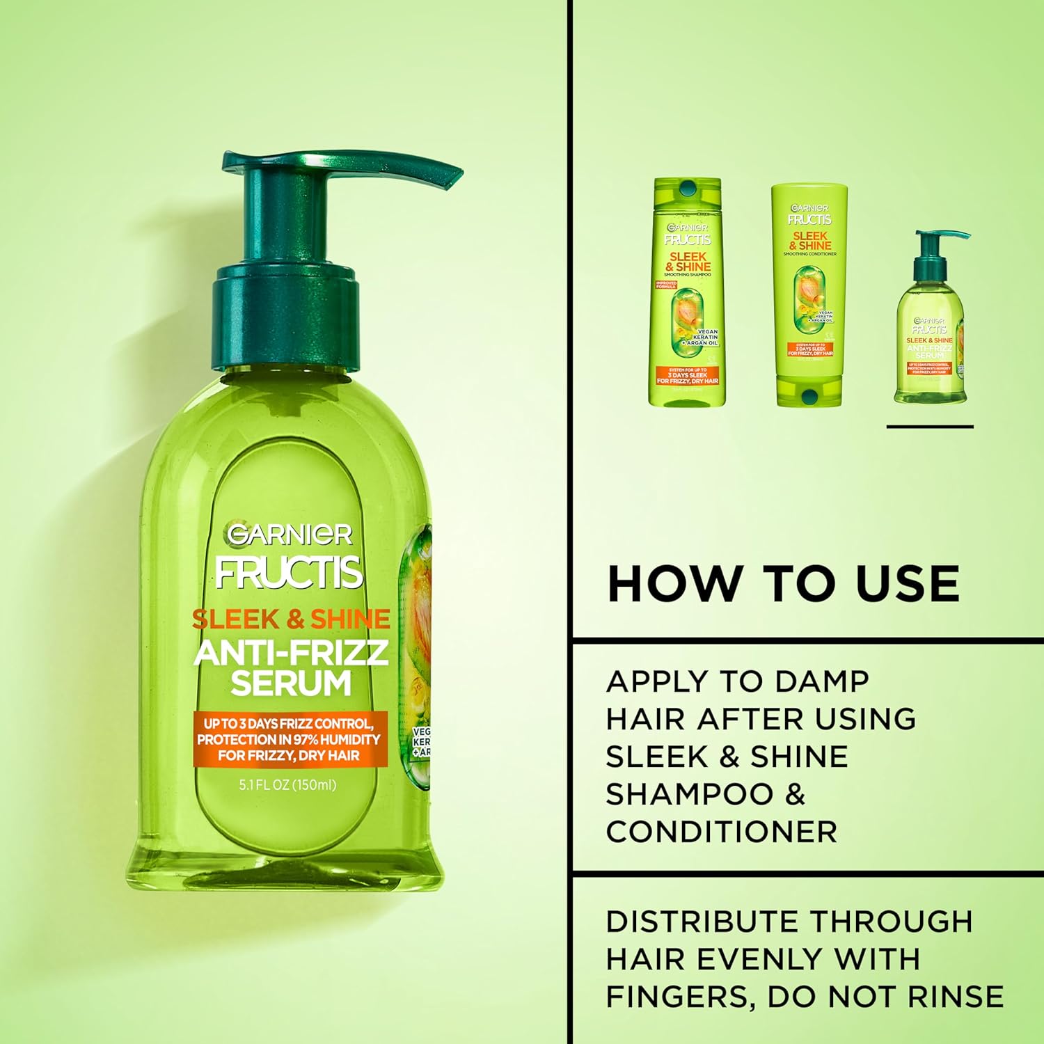 Garnier Fructis Sleek & Shine Anti-Frizz Serum, Leave-In Hair Treatment with Vegan Kera System + Argan Oil, Up to 72HR Frizz Control and Humidity Protection, For Frizzy, Dry Hair, 5.1 Fl Oz
