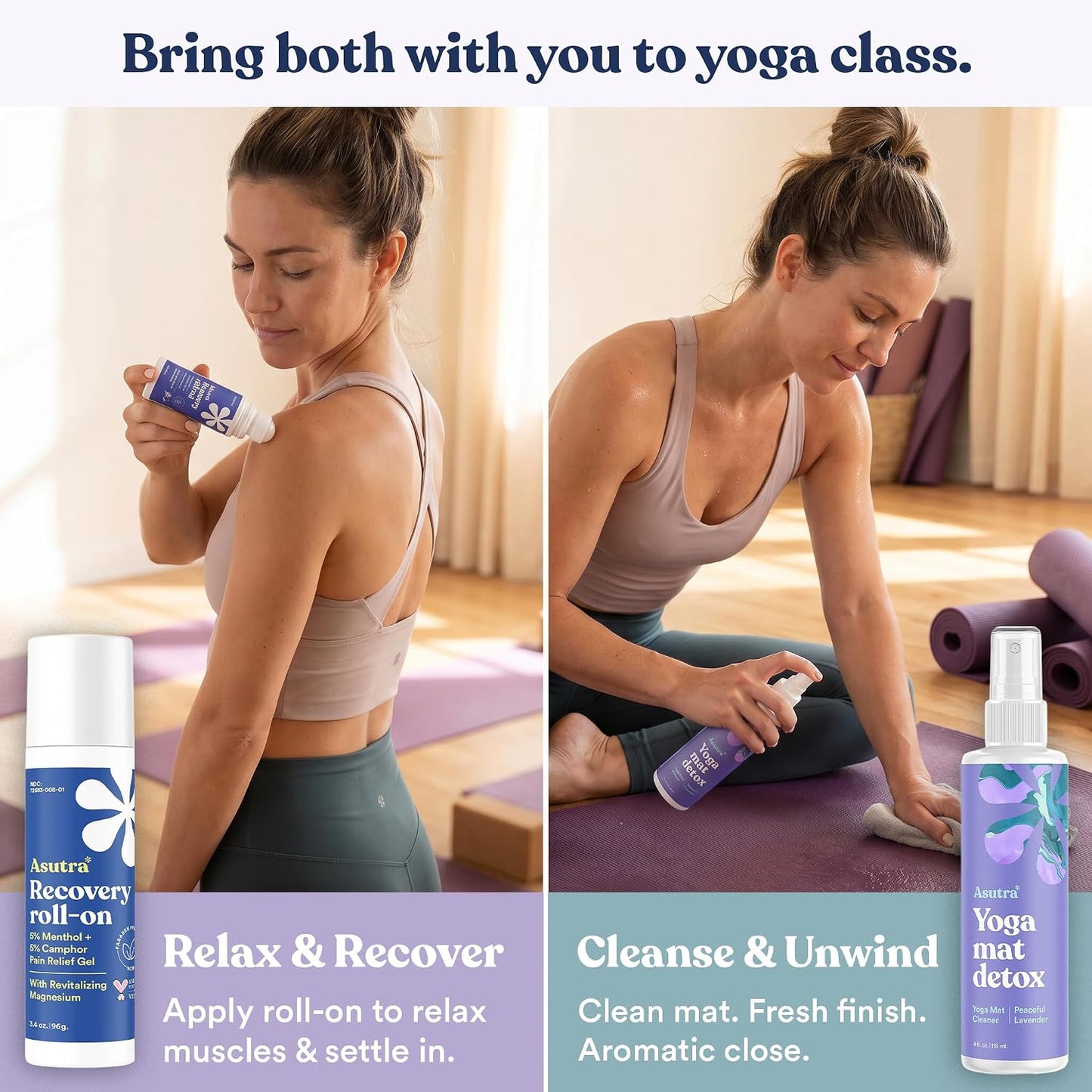 ASUTRA Yoga Mat Cleaner Spray (Peaceful Lavender), 4 fl oz - No Slippery Residue, Organic Essential Oils, Deep-Cleansing for Fitness Gear & Gym Equipment, Microfiber Towel Included