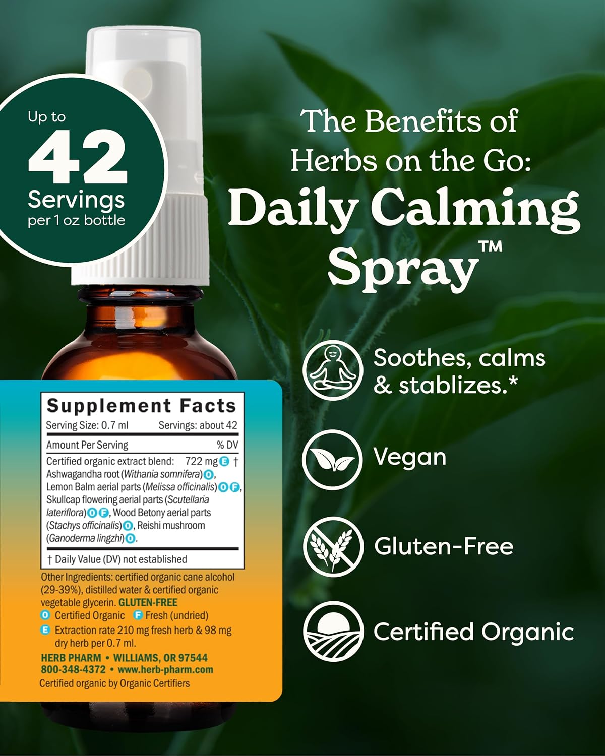 Herb Pharm Herbs on The Go Certified Organic Daily Calming Portable Spray, Adaptogenic Support*, 1 Ounce