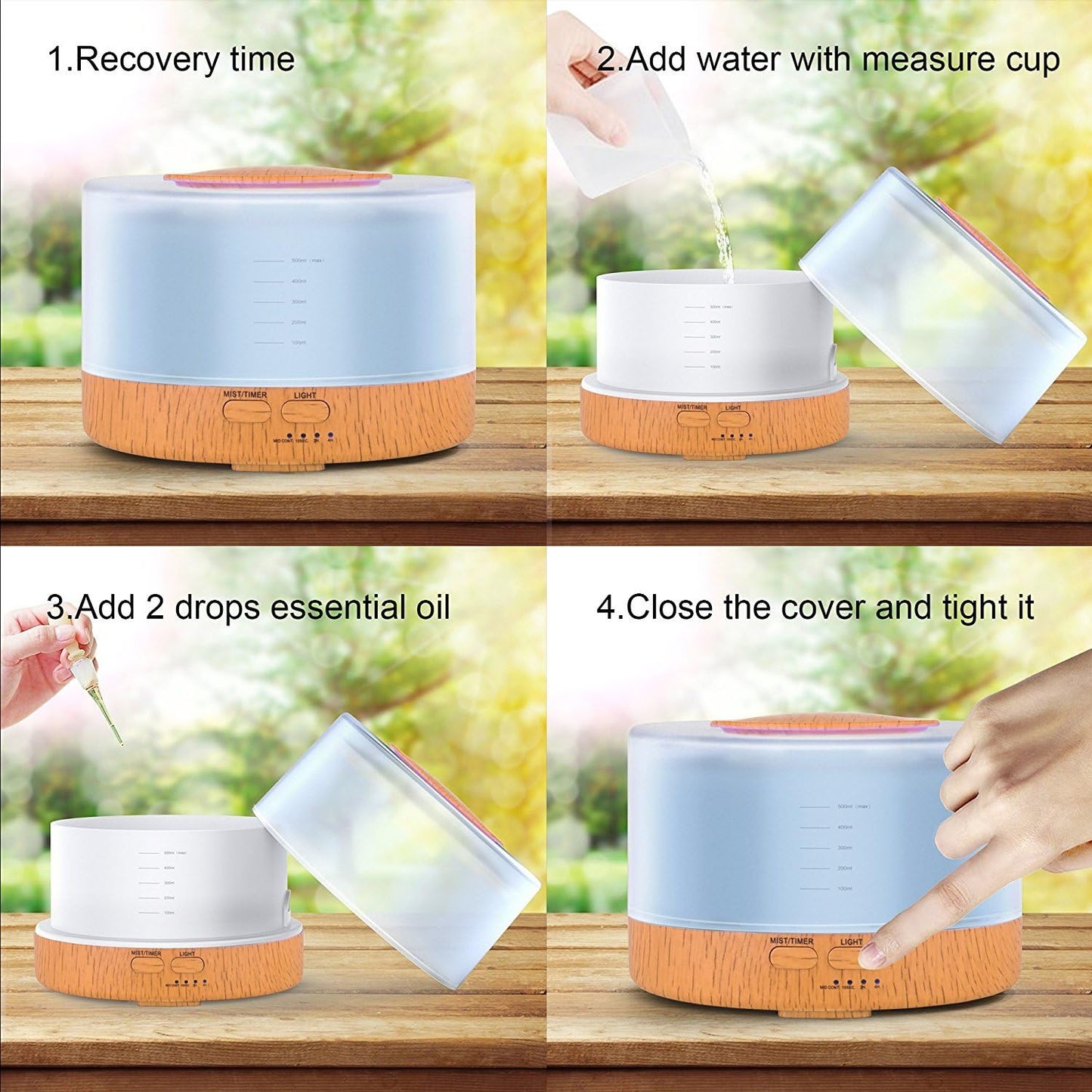 Remote Control Essential Oil Diffuser, 500ml Ultrasonic Aroma Cool Mist Humidifier with 7 Color Light Changing and 4 Timer Settings (Wood Grain)