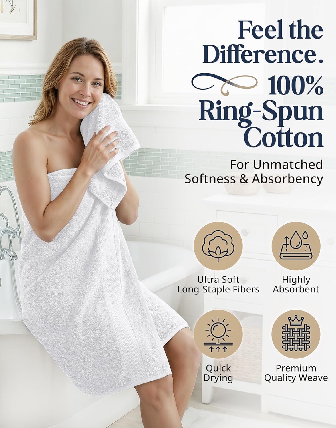 LANE LINEN 100% Cotton Bath Towel Set - 6 Pieces - Super Soft, Highly Absorbent & Quick Dry - 2 Bath, 2 Washcloths, 2 Hand Towels for Bathroom - Hotel Quality, Ideal for Spa, Gym & Travel - White