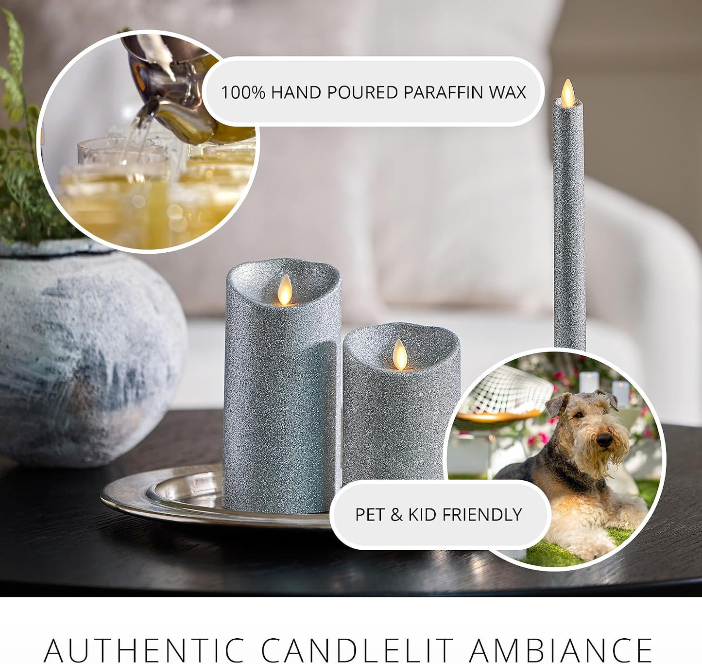 Luminara Brilliant Silver Glitter Flameless Candle Moving Flame LED Pillar (3.5" x 7")