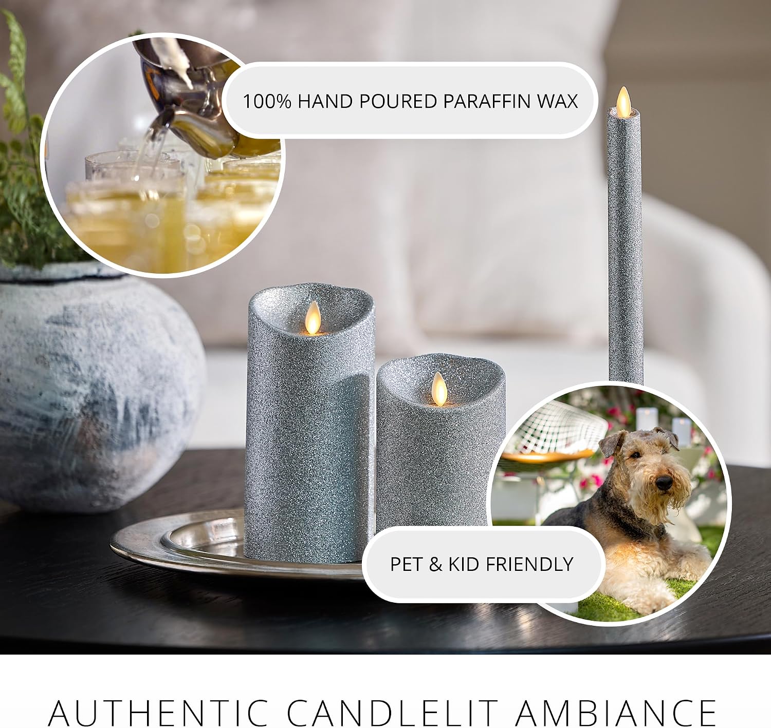 Luminara Brilliant Silver Glitter Flameless Candle Moving Flame LED Pillar (3.5" x 7")
