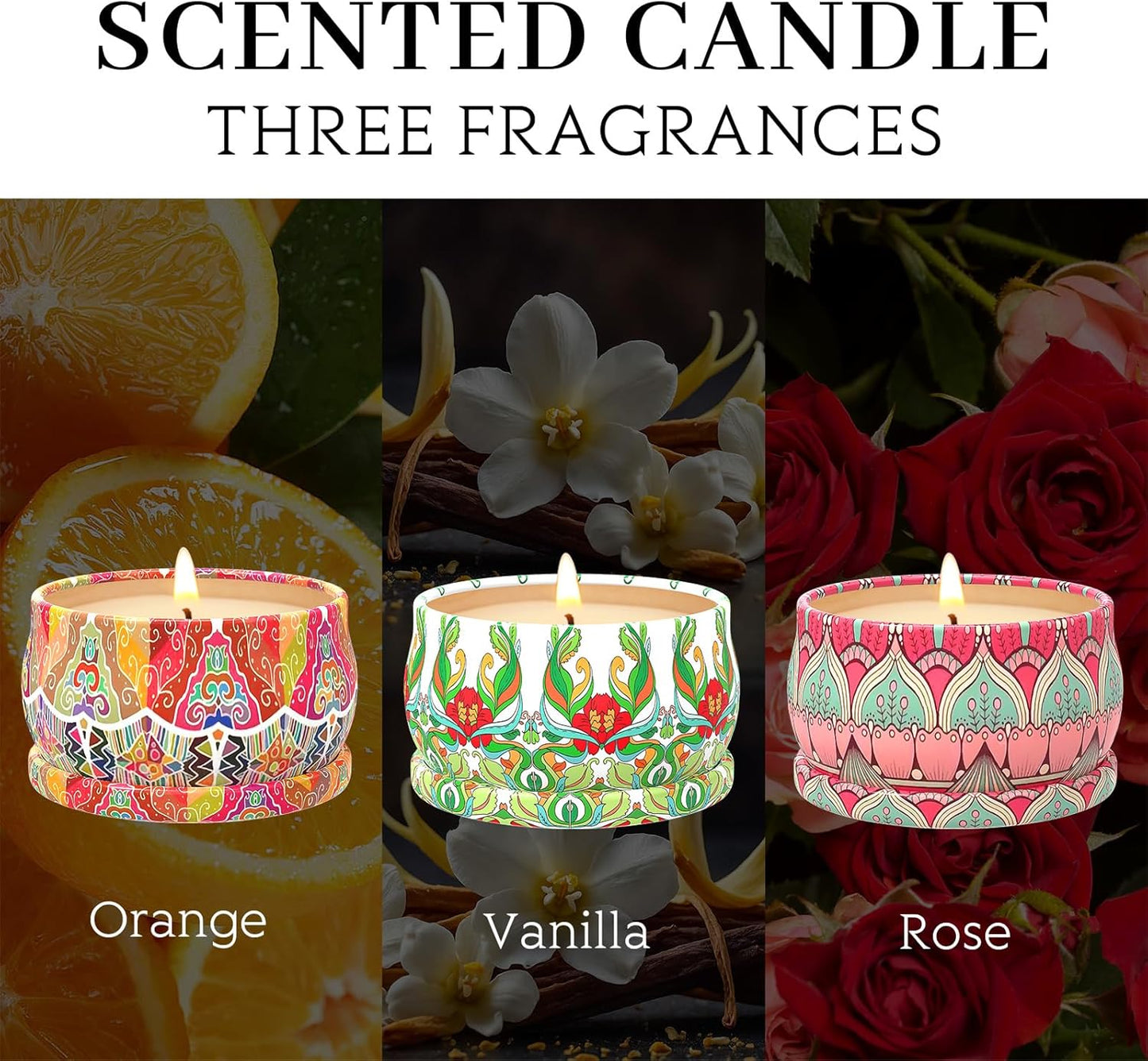 Scented Candles Gift Set, 3 Pack Candles for Home Scented, Long Lasting Soy Wax Aromatherapy Candle Set, Gifts for Women with Gift Box, Baby Shower Prizes (Rose.Vanilla.Orange)