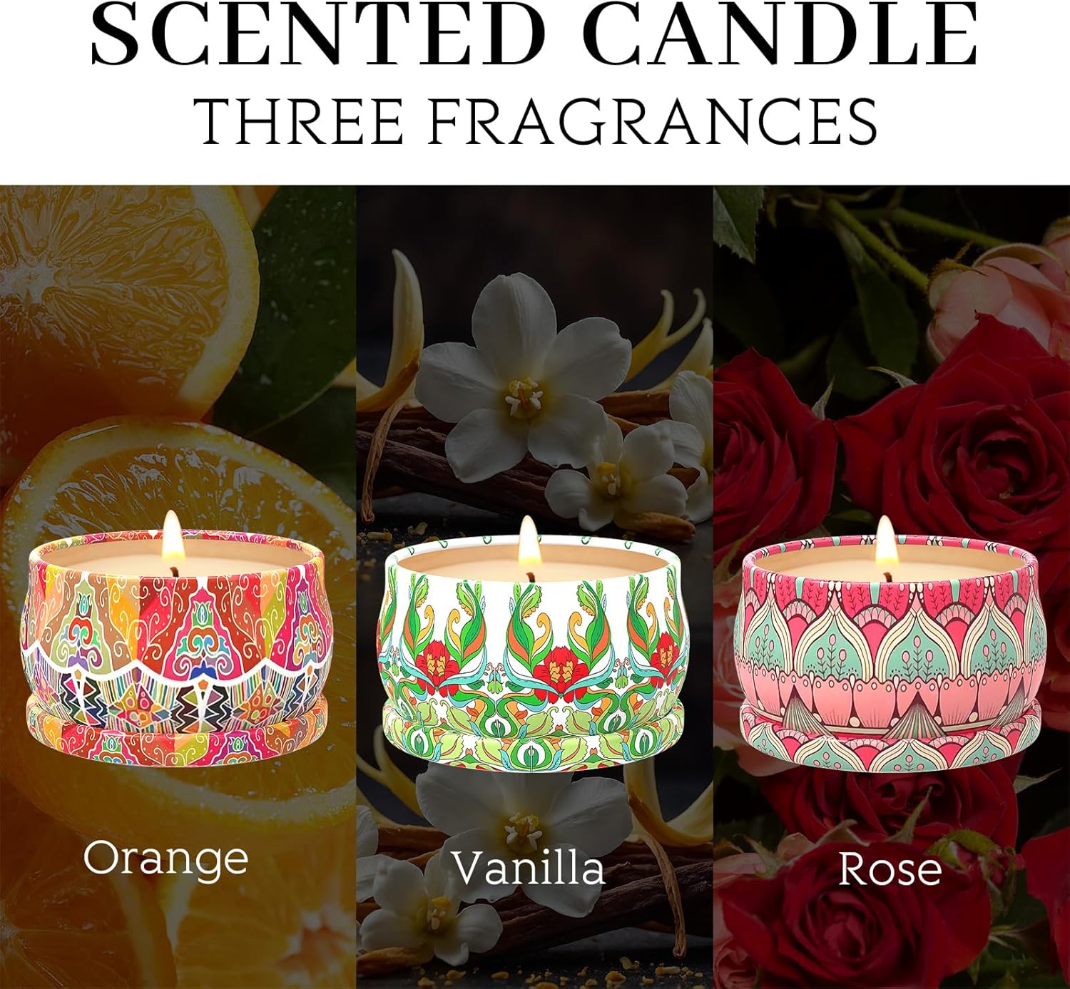 Scented Candles Gift Set, 3 Pack Candles for Home Scented, Long Lasting Soy Wax Aromatherapy Candle Set, Gifts for Women with Gift Box, Baby Shower Prizes (Rose.Vanilla.Orange)