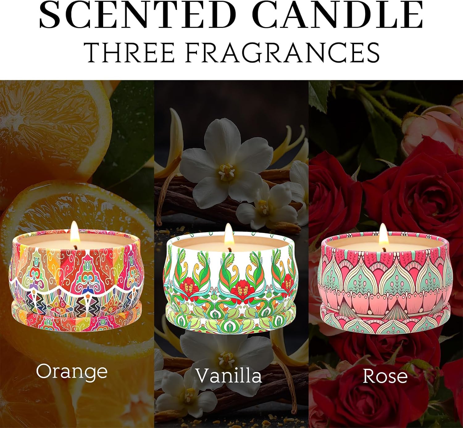 Scented Candles Gift Set,3 Pack Candles for Home Scented, Long Lasting Soy Wax Aromatherapy Candle Set, Gifts for Women with Gift Box(Rose.Vanilla.Orange)