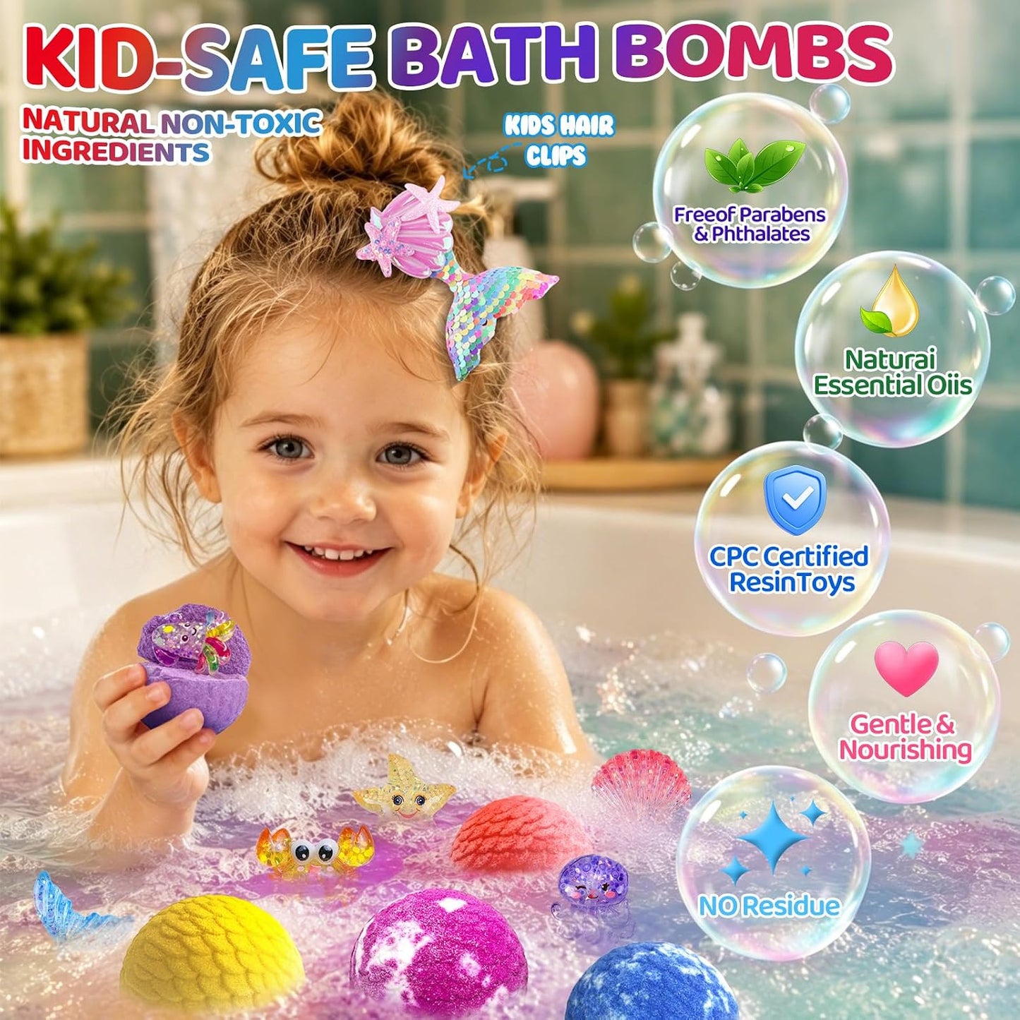 Mermaid Bath Bombs for Kids with Surprise Toys Inside, 12pcs Bubble Kids Bath Bombs with Mermaid Toys Gift Set for 3 4 5 6 7 8 Year Old Girls Birthday Christmas Gift Spa Bath Ball with Bath Toy Fun