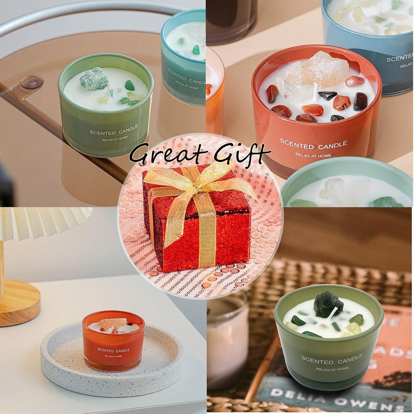Healing Crystal Candles Chakra Jar Candle Soy Candle Gifts for Women Scented Candle Set 2 Pack Green and Orange