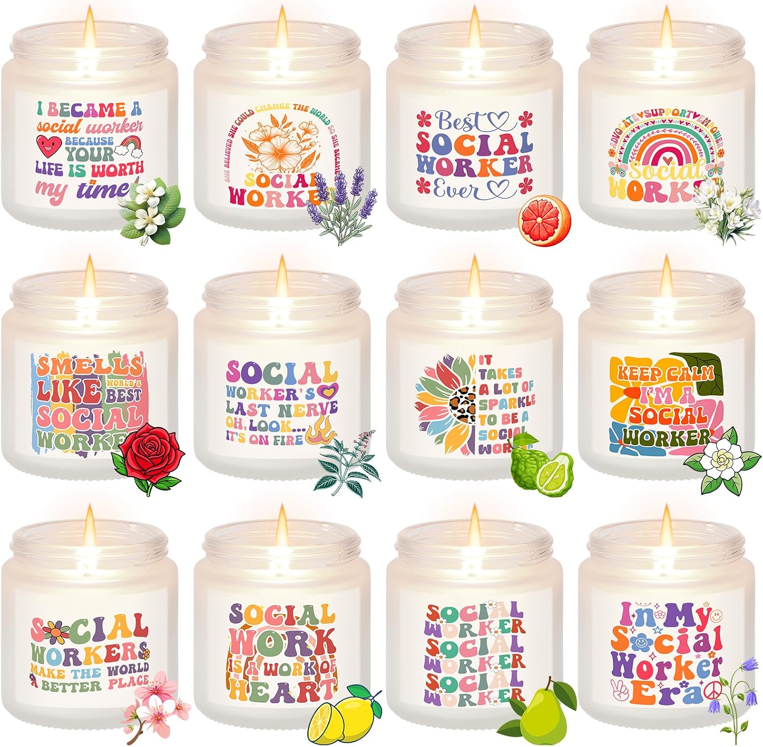 Lounsweer 12 Pack Social Worker Gifts Scented Candle Set, Social Worker Appreciation & Graduation Gifts for MSW Grad, Lsw & Lmsw, MSW Lcsw Gift, 12 Designs