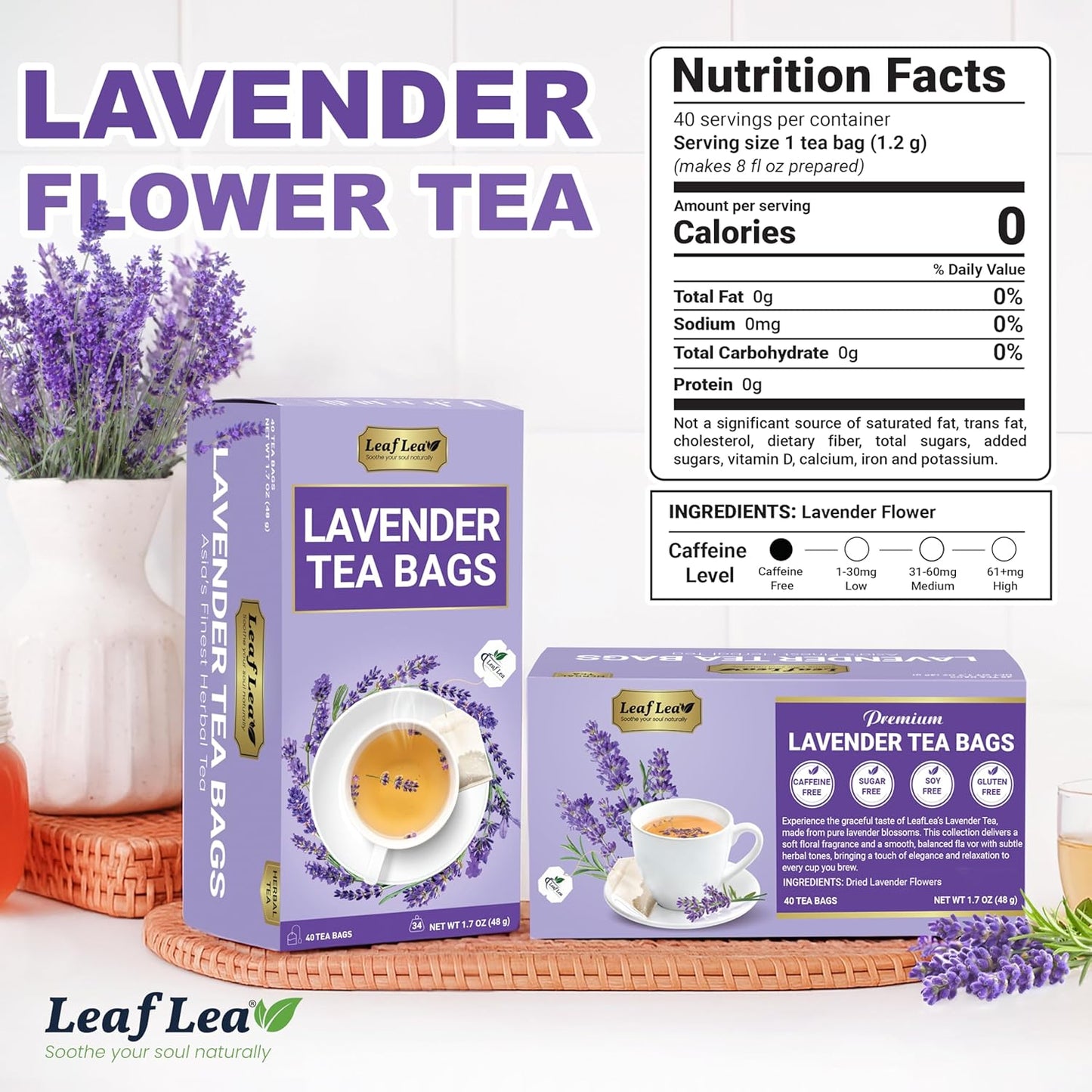 LeafLea Lavender Tea Bags, Pure Lavender Flower Herbal Tea, 40 Count | Just Real Lavender, Nothing Else, Soft Floral Aroma, Caffeine-Free, A Calming Cup Before Bed, Individually Foil-Wrapped