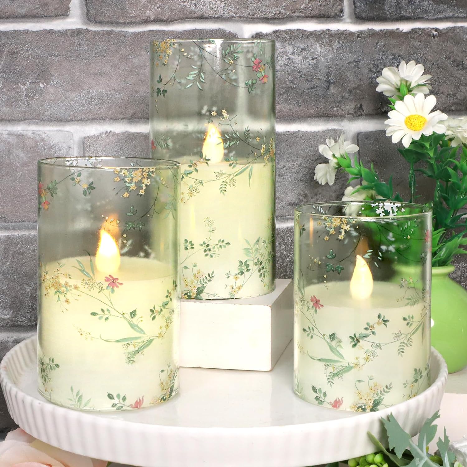 Flameless Candles with Remote Control, Flickering LED Glass Candles, Battery-Operated with Timer and Adjustable Brightness, Floral Branch Design for Home Decor and Wedding, Set of 3
