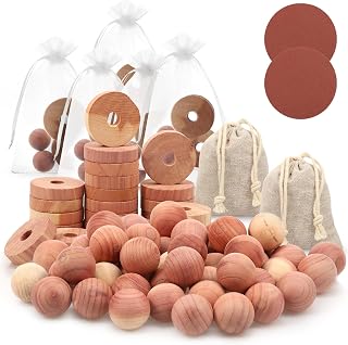 Cedar Blocks for Clothes Storage with Linen Bag, 100% Natural 50 Cedar Ball & 30 Ring for Closets & Drawers Fresh Scented Sachets