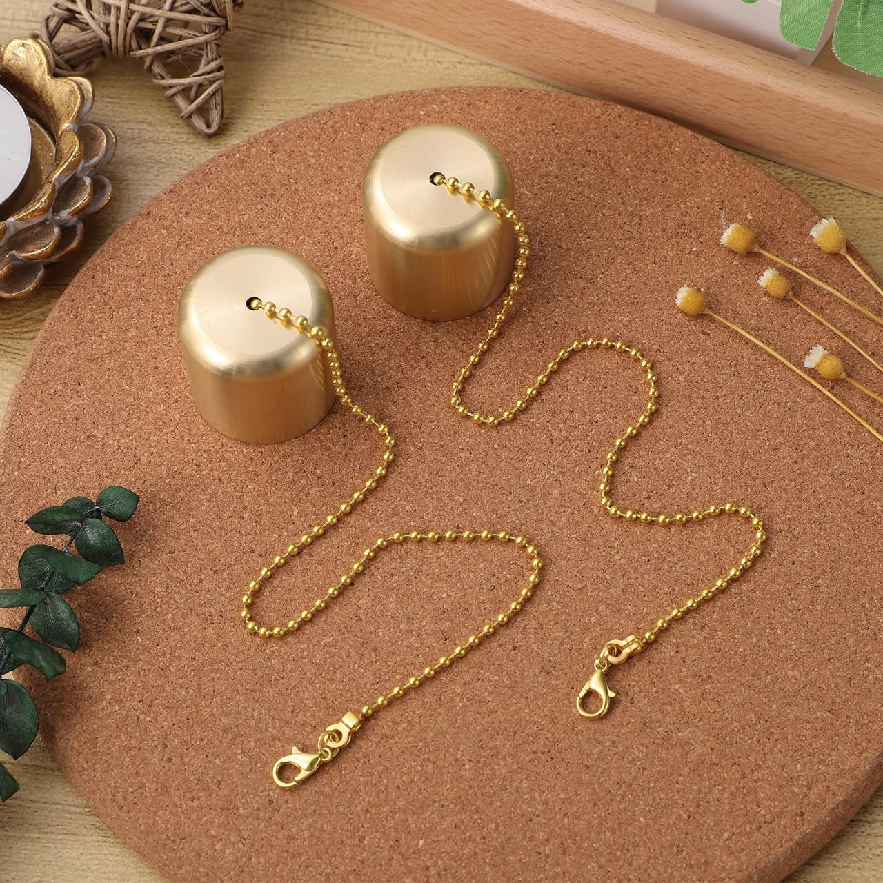 Brass Candle Extinguishers Set of 2 Small Snuffer Caps with Chain for Candle Wick Flame Safety and Scented Use Heat-Resistant Accessory for Home