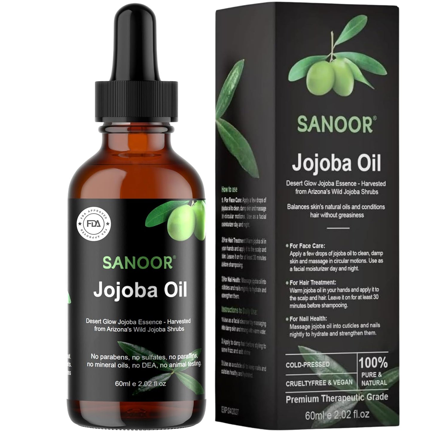 SANOOR Desert Organic Jojoba Oil | 100% Pure (2.02oz) | Cold-Pressed Moisturizer for Skin & Hair Care | Nutrient-Rich Pure Hair Butter | Hydrating Oil for Face, Body, and Scalp | 60ml