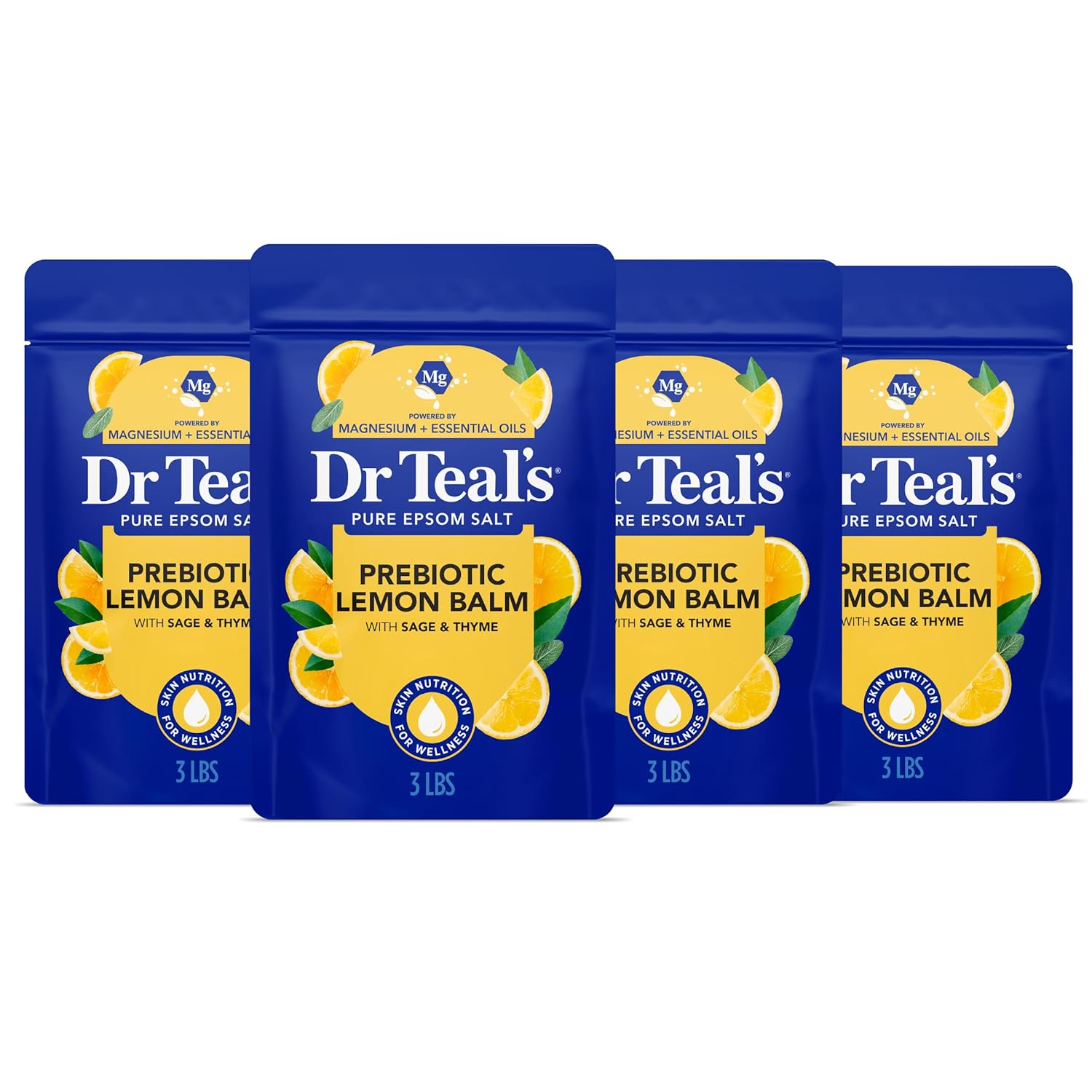 Dr Teal's Pure Epsom Magnesium Salt Soak, Prebiotic Lemon Balm & Essential Oil, 3 lbs (Pack of 4)