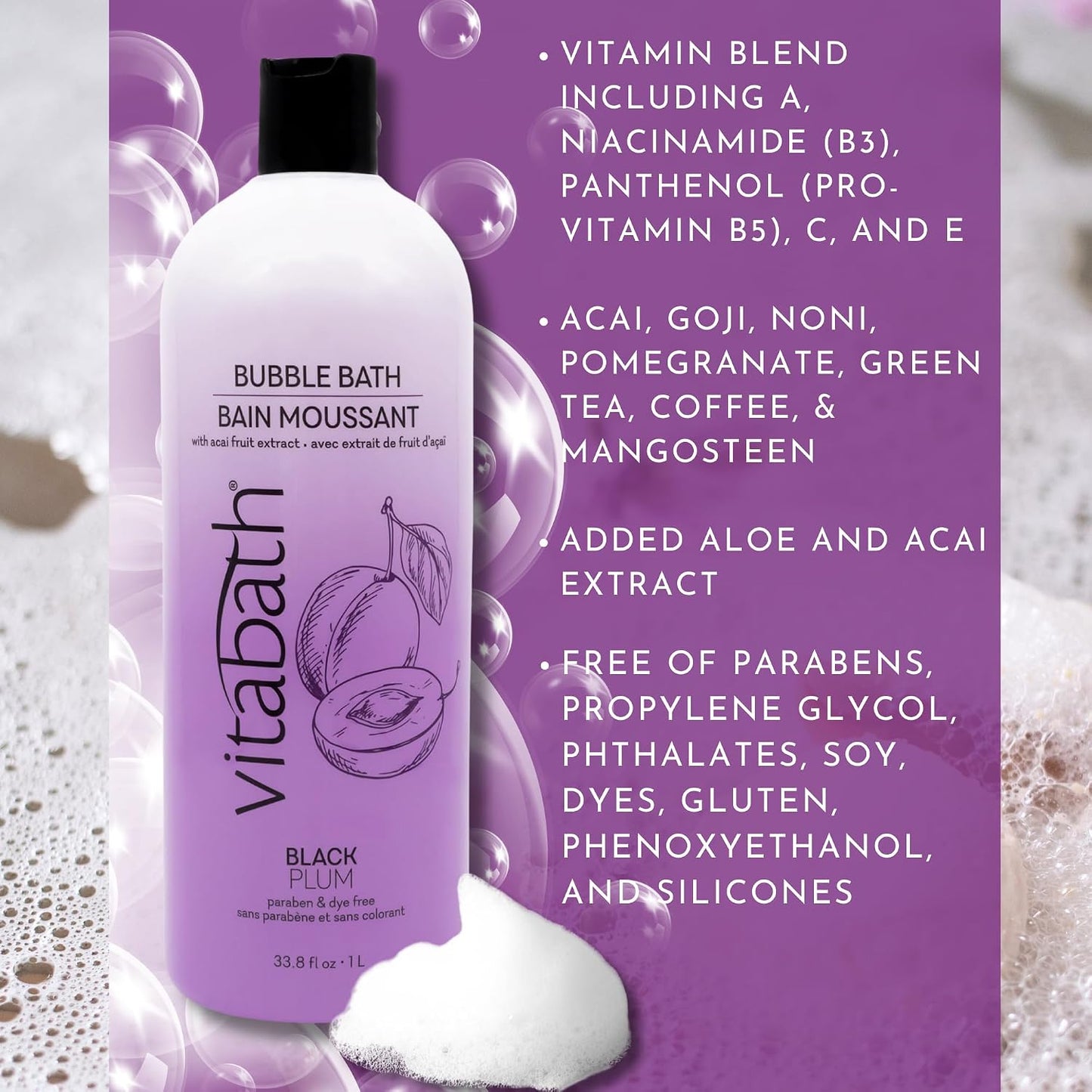 Vitabath Black Plum Bubble Bath Rich Foaming Soak - Moisturizing & Nourishing Indulgent Suds for Women & Men All Skin Types - 33.8 fl oz 1L