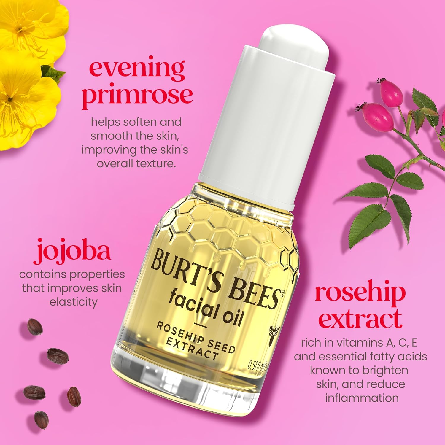 Burt's Bees Gua Sha Face Oil With Rosehip Seed Extract, Reduces Appearance of Fine Lines and Wrinkles, Use with Ice Roller & Facial Tools, Natural Origin Skin Care, 0.51 fl. oz.