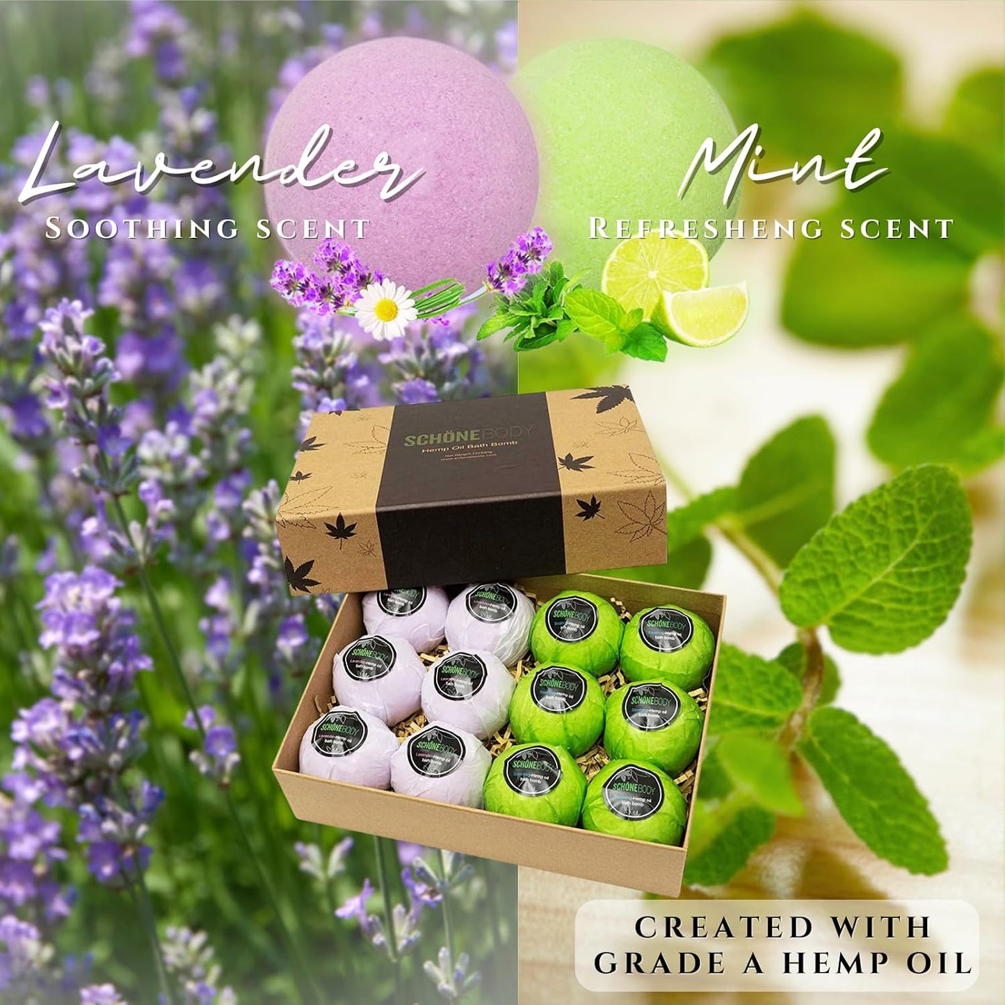 12 Pack Hemp Bath Bombs Set for Muscle Therapy & Relaxation | Large Vegan Fizzy Spa Gift for Women & Men | Natural Lavender, Mint Oils Moisturize Dry Skin & Soothe Stress, Wife Stocking Stuffers Gifts