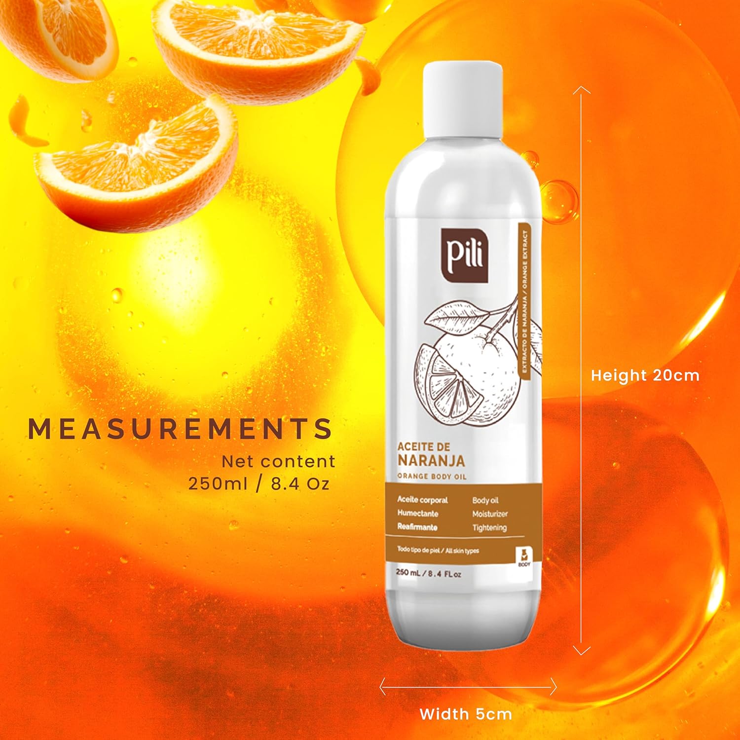 Pili Natural Orange Oil - Skin Tonic and Moisturizing Body Oil - Massage Oil - Prevents Cellulite, Stretch Marks, Firms & Tightens Skin - 8.4 fl oz