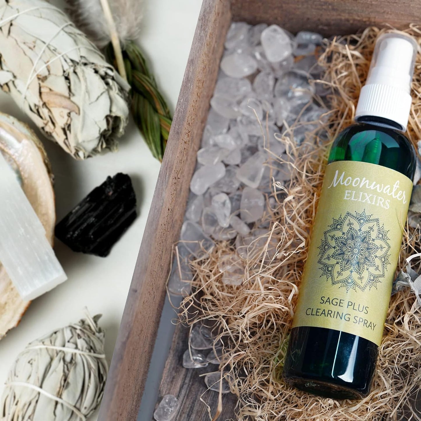 White Sage Smudge Spray for Spiritual Cleansing & Aura Protection, Sage Mist for Cleansing Negative Energy & Protection, Home & Meditation, Clear Quartz Reiki Energized Aromatherapy Room Spray - 4oz