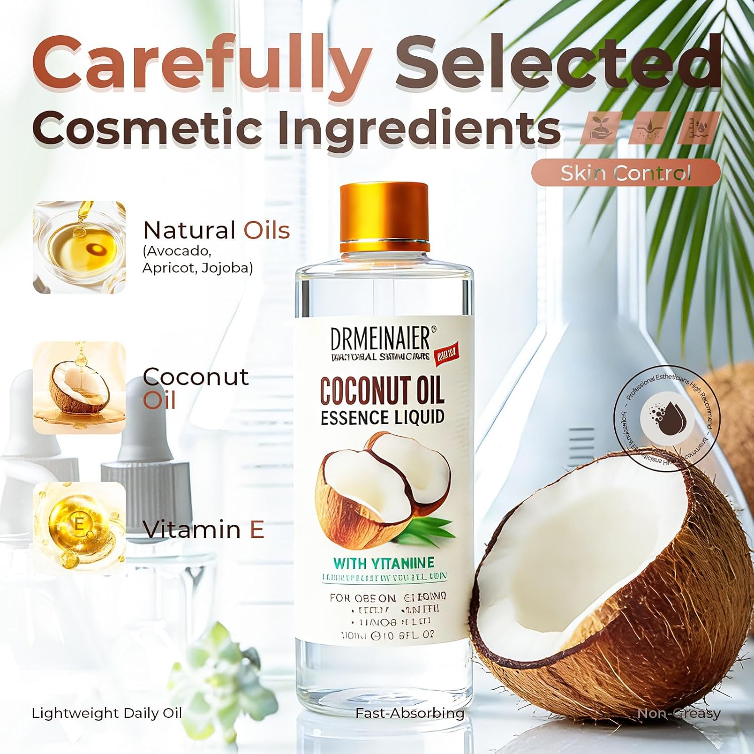 Coconut Organic Fractionated Lightweight Skin Hair Oil Fast-Absorbing Non-Greasy Vitamin E 300ml