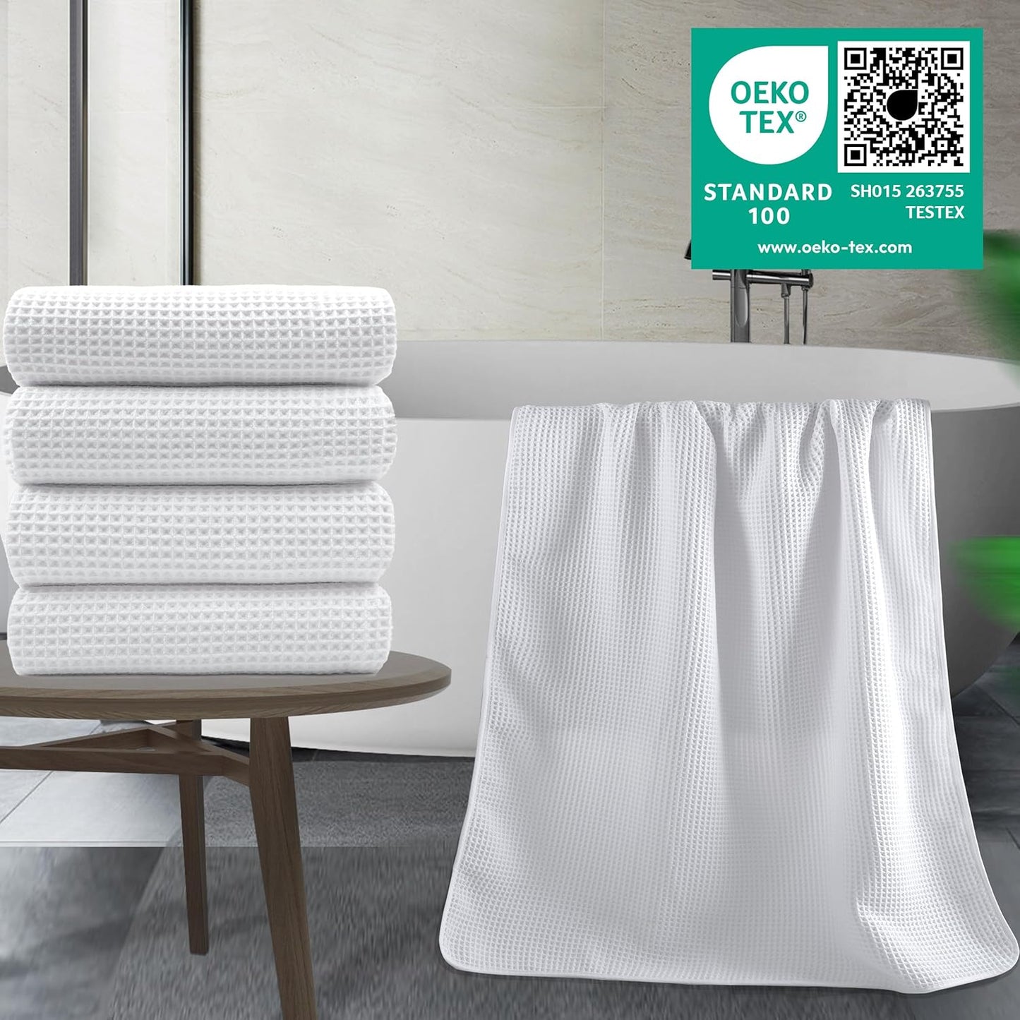 POLYTE 430 GSM Microfiber Oversize Quick Dry Lint Free Bath Towel, 60 x 30 in, 4 Pack (Waffle Weave)