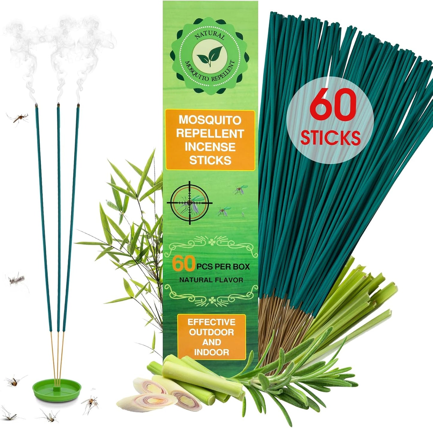 60 Pcs Mosquito Repellent Outdoor Patio, Mosquito Incense Sticks Natural Citronella Oil Plant-Based Bug Repellent for Camping Fishing Backyard Travel