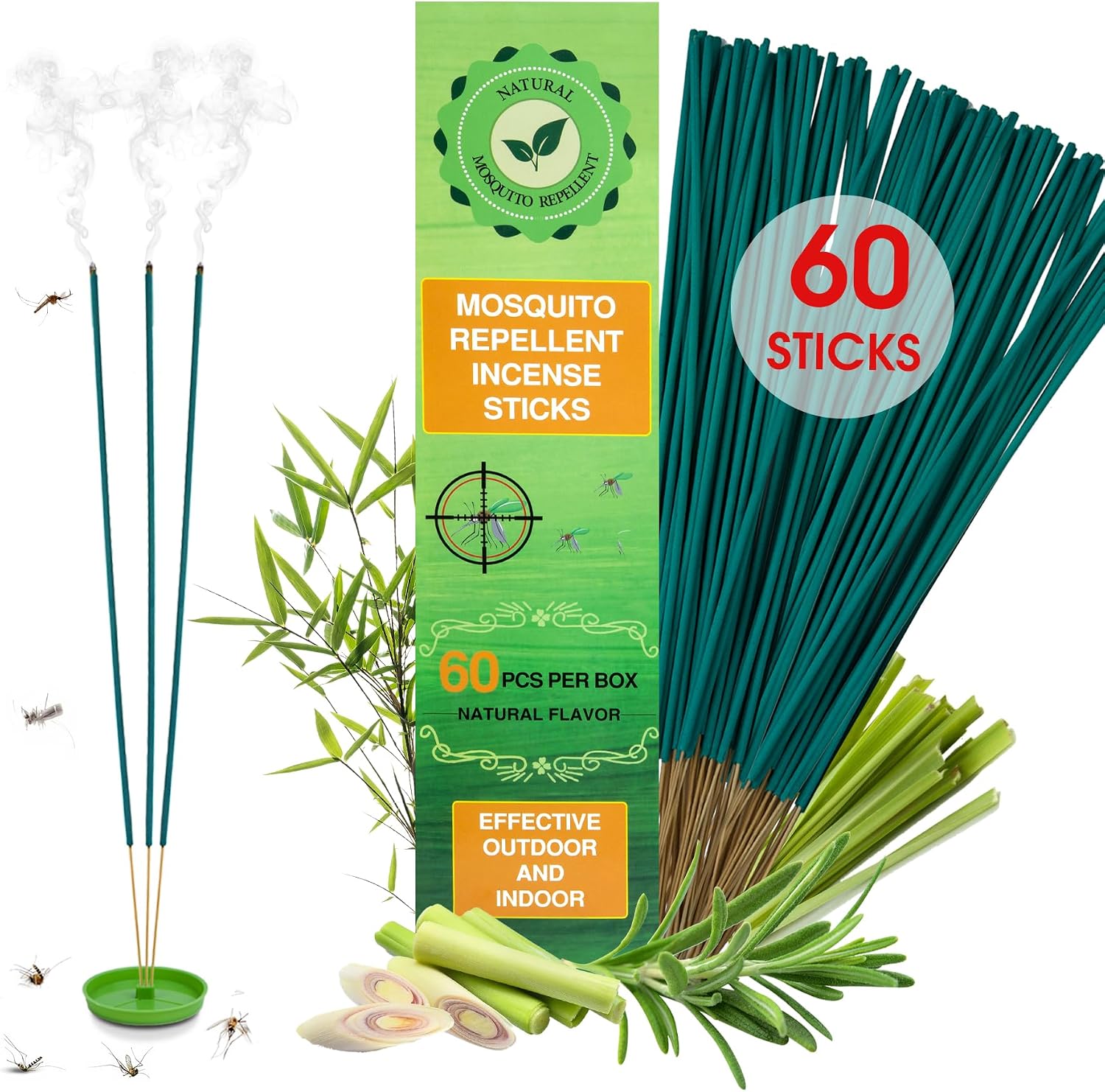 60 Pcs Mosquito Repellent Outdoor Patio, Mosquito Incense Sticks Natural Citronella Oil Plant-Based Bug Repellent for Camping Fishing Backyard Travel