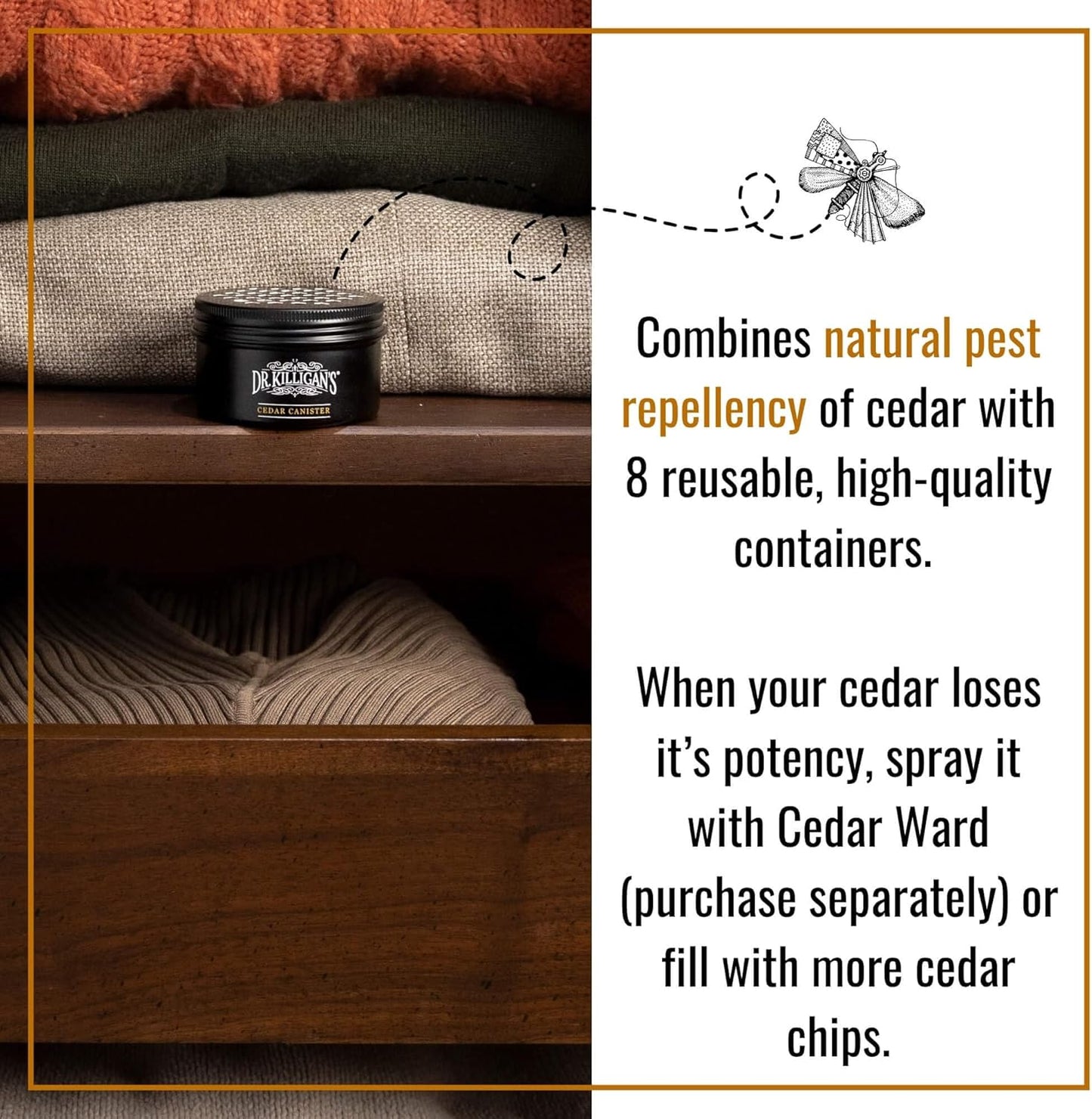 Dr. Killigan's Cedarwood Chip Canisters - Moth Repellent for Closets, Cedar Blocks for Clothes Storage, Drawer Deodorizers, 8 Reusable Tins with Wood Shavings