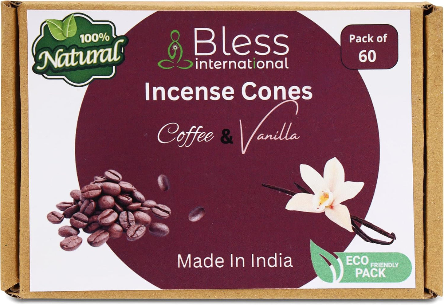 Bless International Coffee and Vanilla 100%-Natural-Incense-Cones Handmade-Hand-Dipped Organic-Chemicals-Free for-Purification-Relaxation-Positivity-Yoga-Meditation The-Best-scents (60 Count)