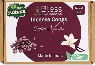 Bless International Coffee and Vanilla 100%-Natural-Incense-Cones Handmade-Hand-Dipped Organic-Chemicals-Free for-Purification-Relaxation-Positivity-Yoga-Meditation The-Best-scents (60 Count)
