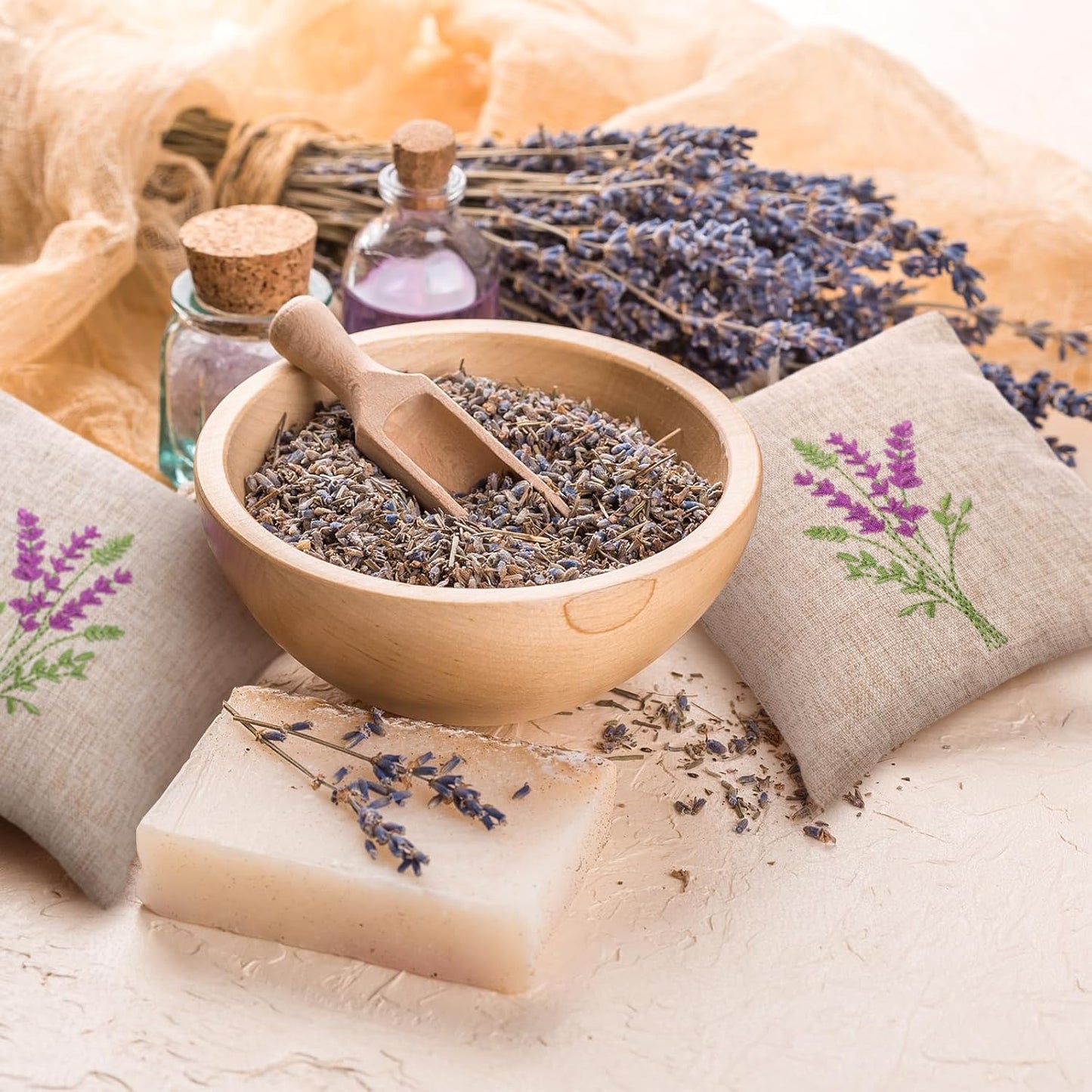 SATINIOR 6 Pack 6x6 Inch Embroidered Lavender Sachet Bags Sachet Empty Bags with Hook and Loop Fasteners Cotton Linen Pouch for Filling Spice Jewelry for Wedding