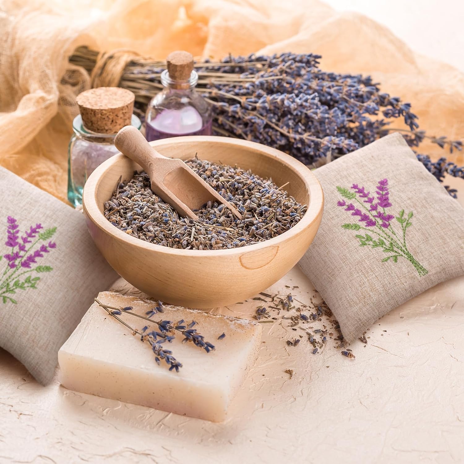SATINIOR 6 Pack 6x6 Inch Embroidered Lavender Sachet Bags Sachet Empty Bags with Hook and Loop Fasteners Cotton Linen Pouch for Filling Spice Jewelry for Wedding