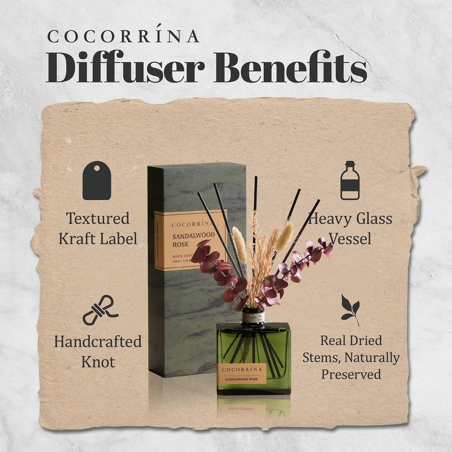 COCORRÍNA Reed Diffuser, 6.76 oz Sandalwood Rose Scent Reed Diffuser with 6 Sticks & Dried Flowers, Long Lasting Elegant Fragrance Home Décor for Bathroom Bedroom Office