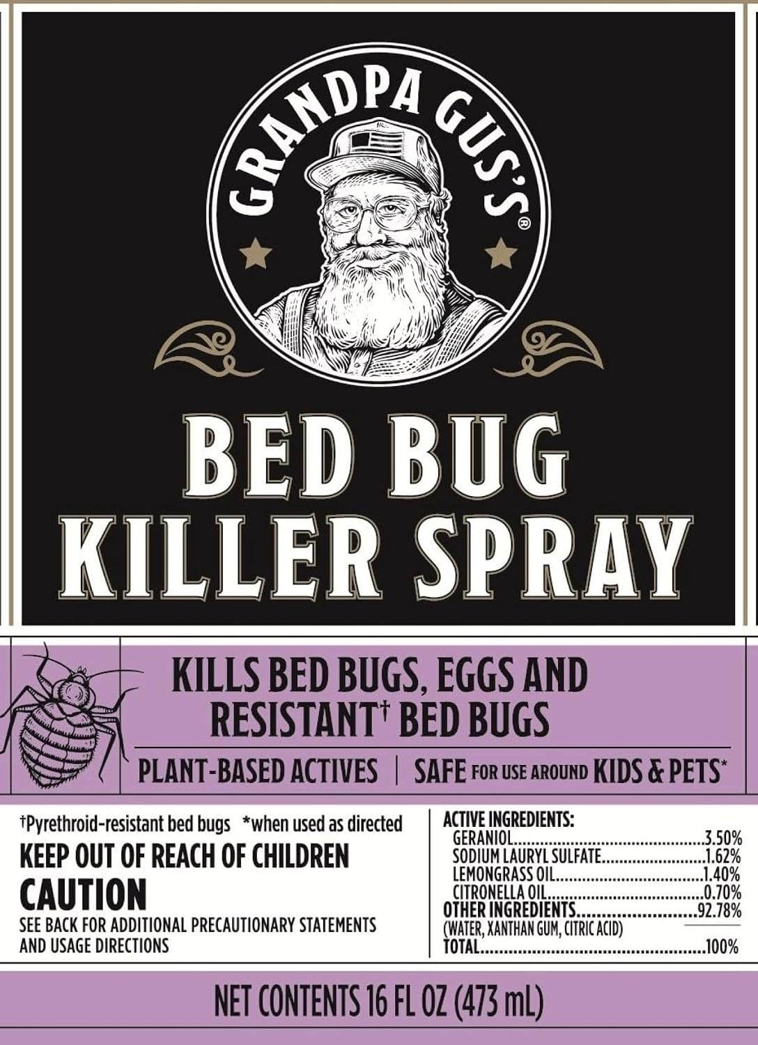 Grandpa Gus's Natural Bed Bug and Dust Mite Killer Spray, Plant-Based Home Treatment for Mattress and Bedding, Kills Eggs and Pyrethroid-Resistant Strains, 16 fl oz