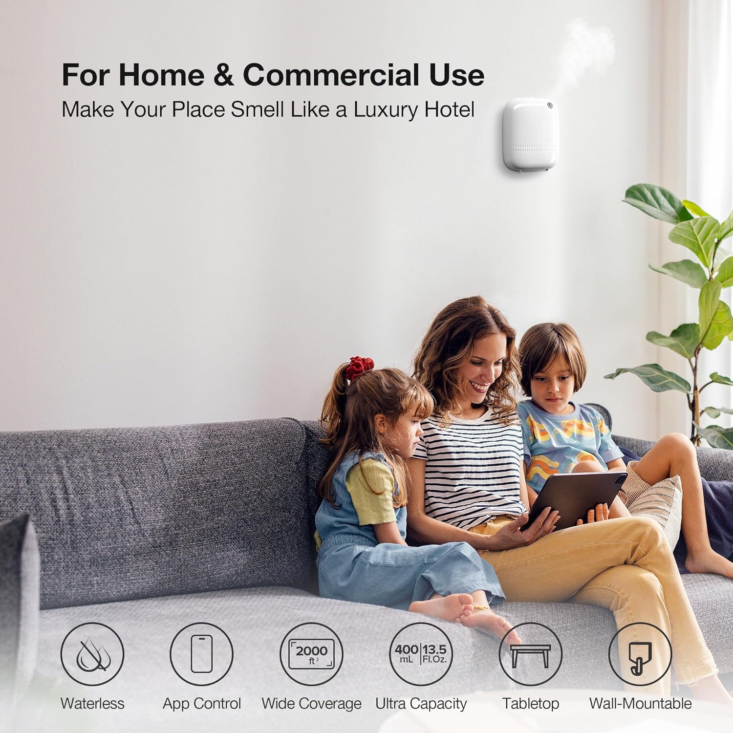 Airversa Waterless Essential Oil Diffuser for Home Large Room and Commercial Use, Up to 2000 sq ft, App Control Cold Air Diffuser, 400mL, DC-12V/1A Plug in Wall, Smart Scent Air Machine, ANW-White