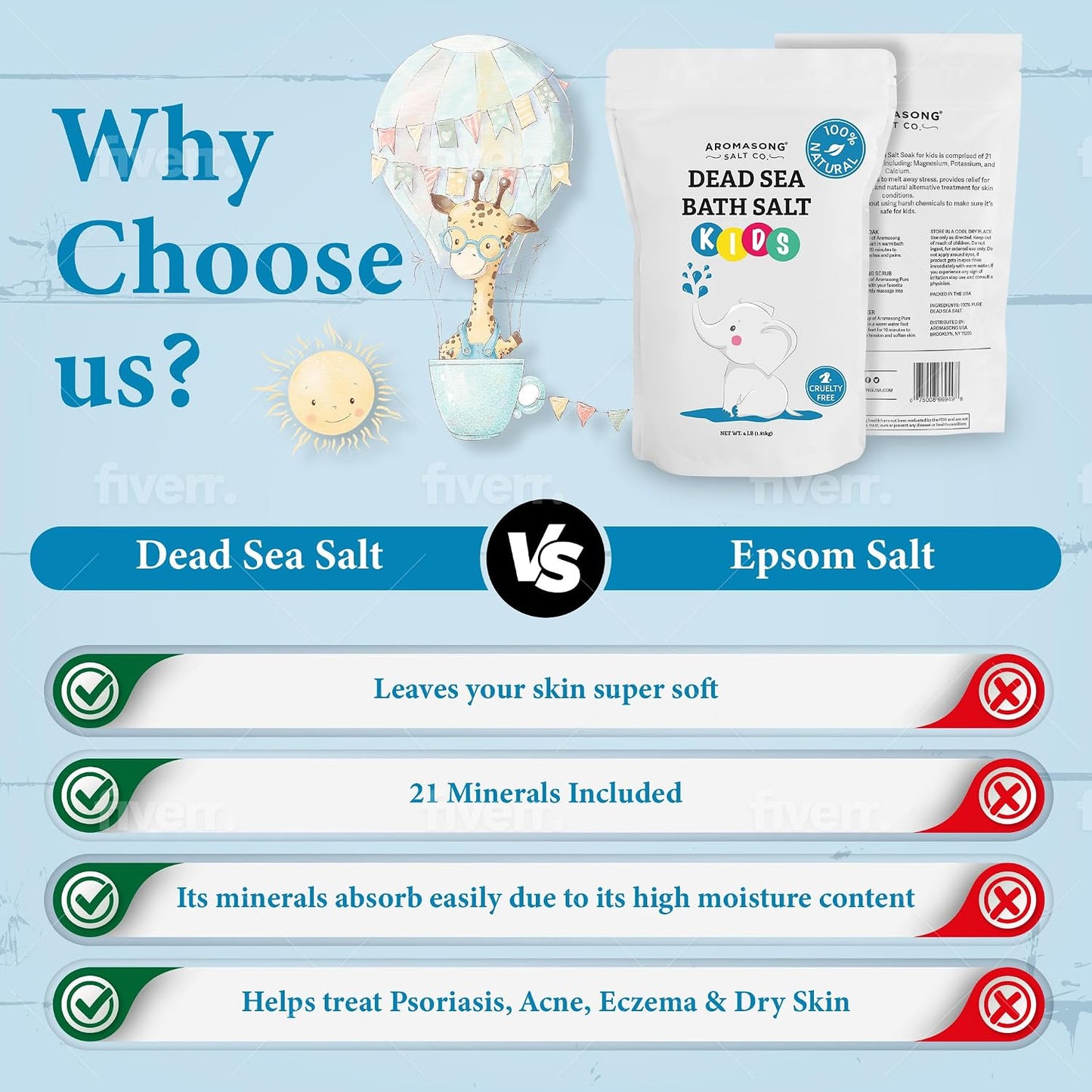 Aromasong Dead Sea Salt for Kids Bath Soak, 4 Lbs. Fine Grain Large Bulk resealable Pack, 100% Pure & Natural.