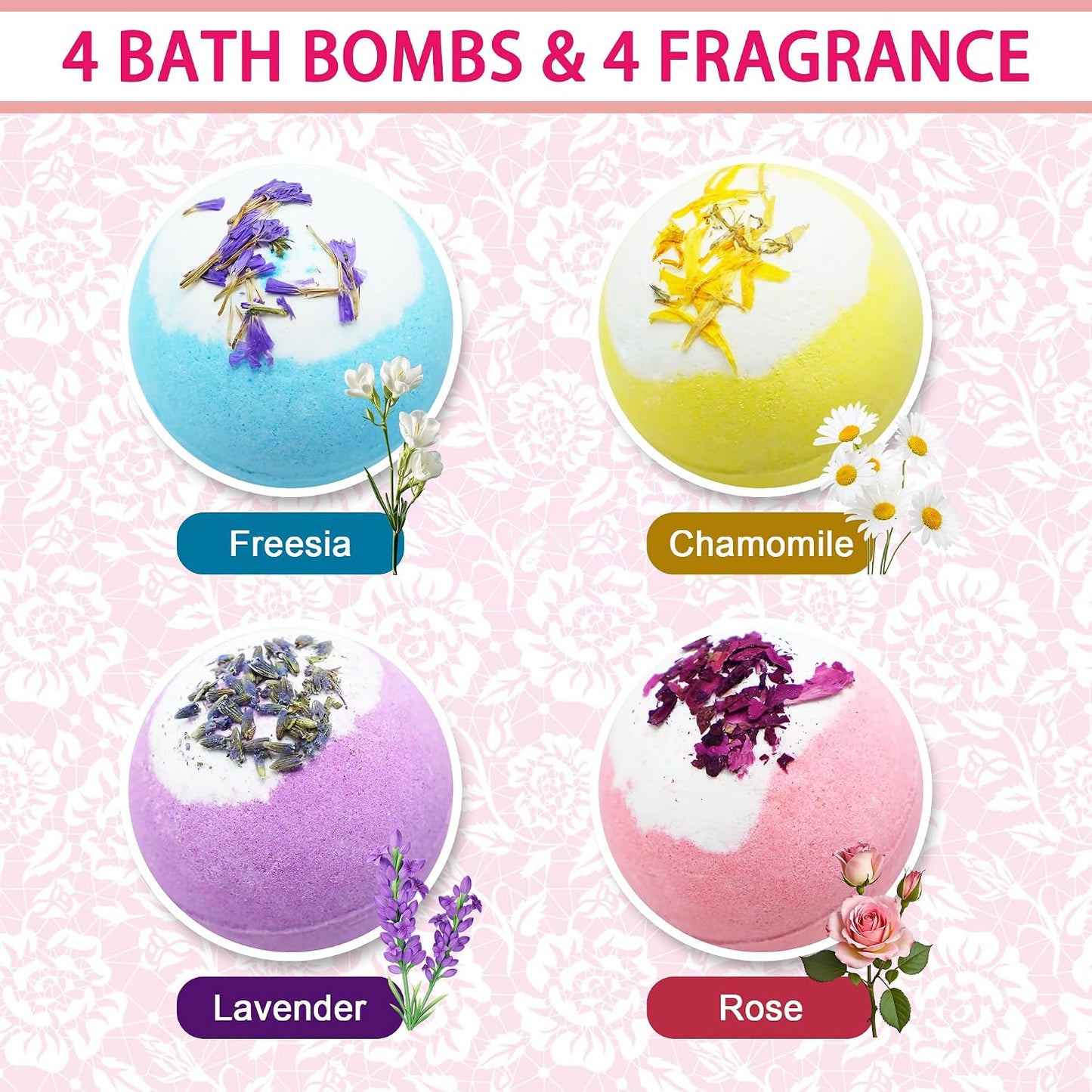 Bath Bombs for Women Relaxing-4 Natural and Organic Bath Bombs with Essential Oils & Moisturizing Shea Butter,Gifts for Her, Girls, Wife, Birthday and Christmas