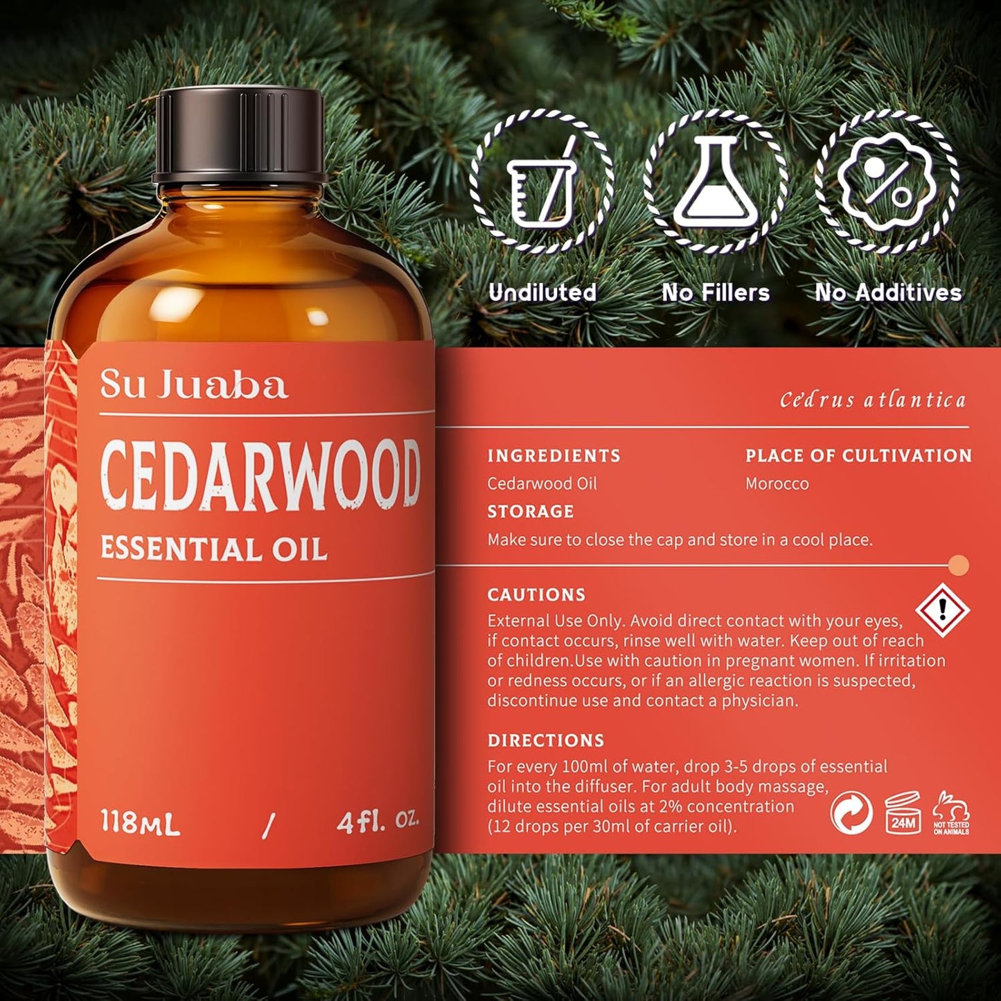 SU JUABA Cedarwood Essential Oil 4 Oz, 100% Pure Natural Aromatherapy Oil for Hair, Massage, Relaxation & Skin Care - 118ML