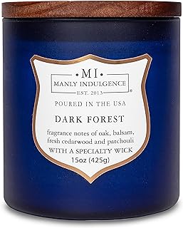 Manly Indulgence Dark Forest Scented Jar Candle for Men, Wood Wicked Candle, 15 oz - Oak, Balsam, Fresh Cedarwood & Patchouli - Up to 60 Hours Burn, Soy Blend Wax, USA Poured, Navy Blue