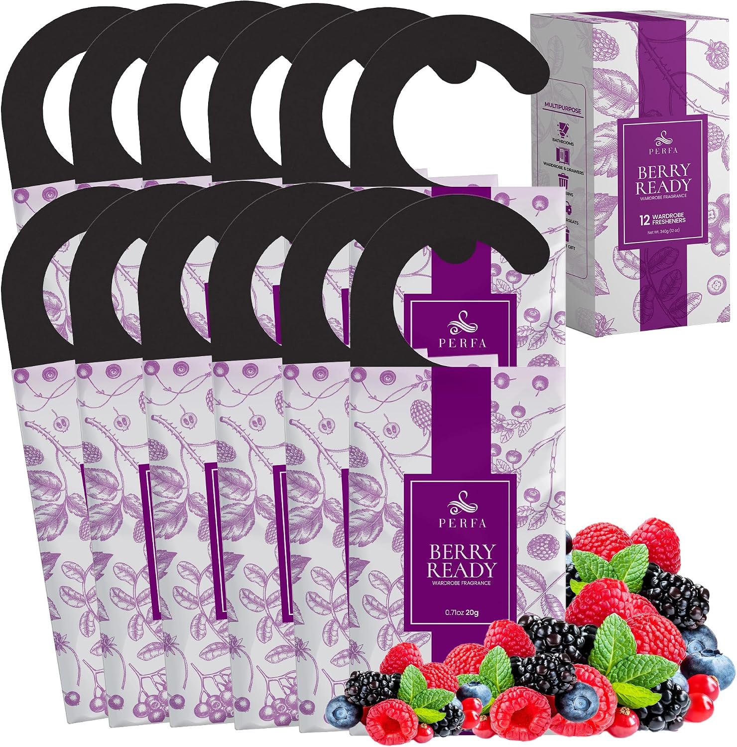 Closet Deodorizer for Women (12-Pack) | Berry Closet Freshener | Small Space Air Freshener For Wardrobe, Closets, Drawers, Small Spaces | Long-Lasting Drawer Sachets | Scented Air Freshener | By Perfa